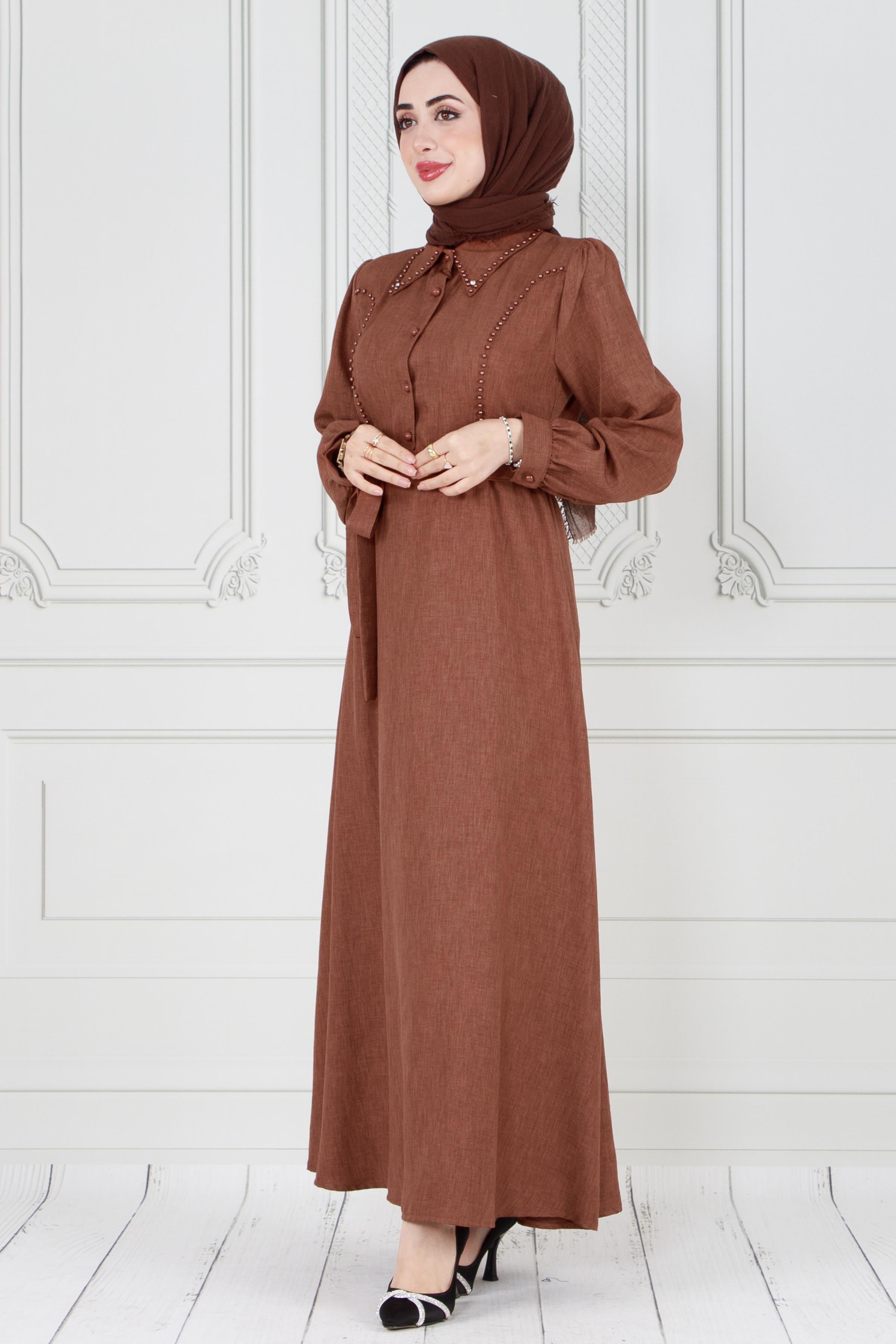 Pearl detailed and belted hijab dress-Brown