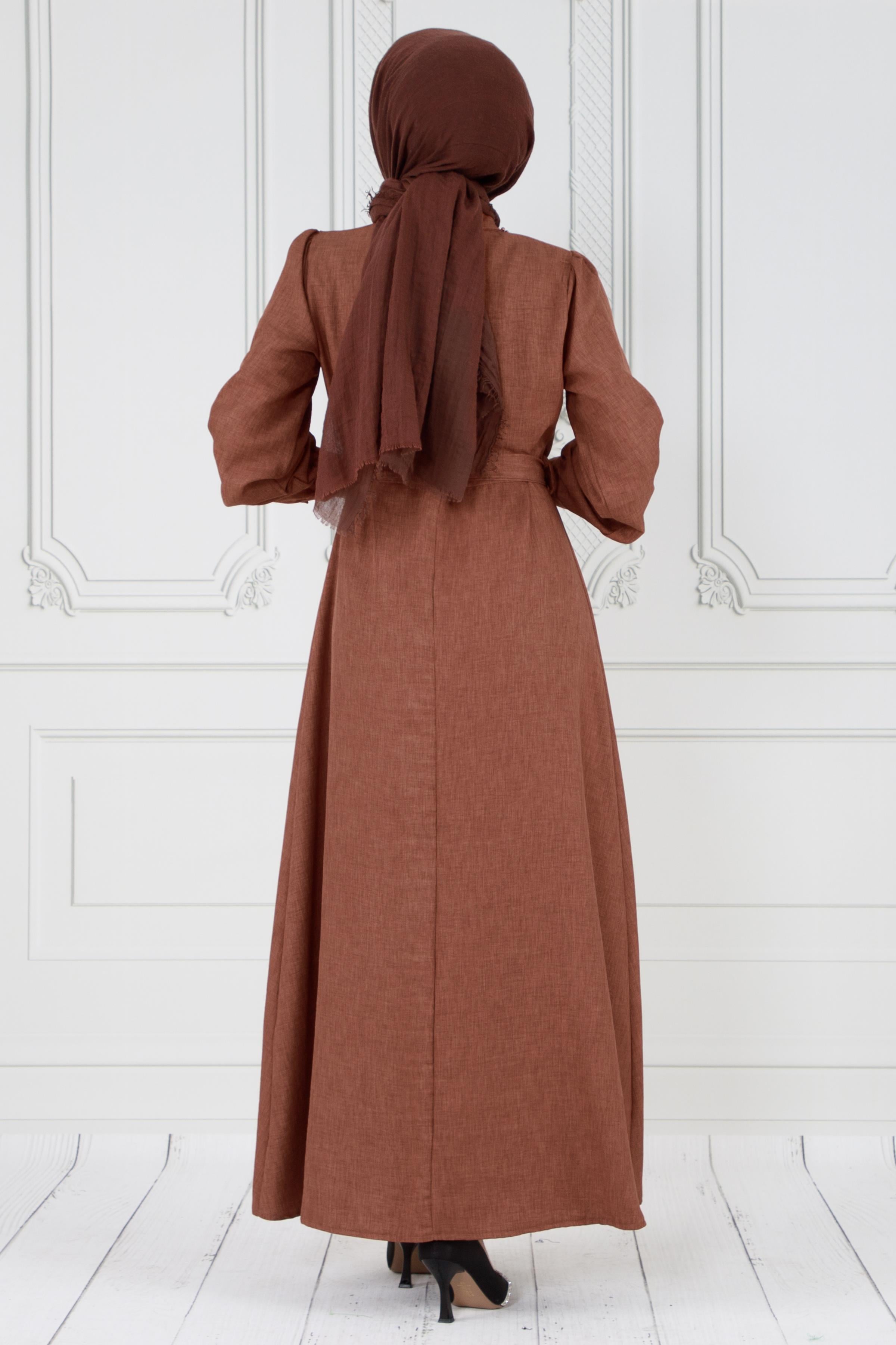 Pearl detailed and belted hijab dress-Brown