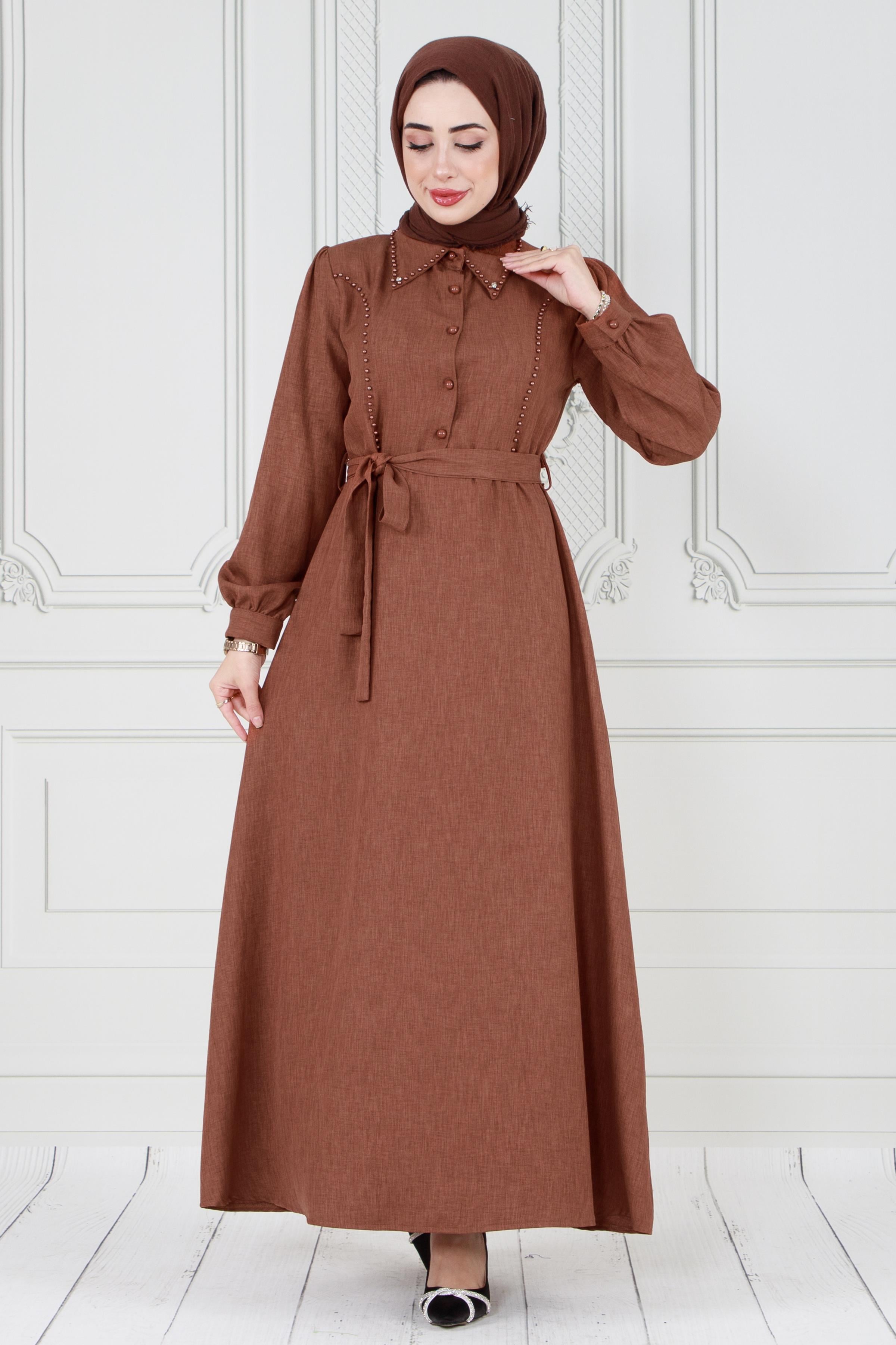 Pearl detailed and belted hijab dress-Brown