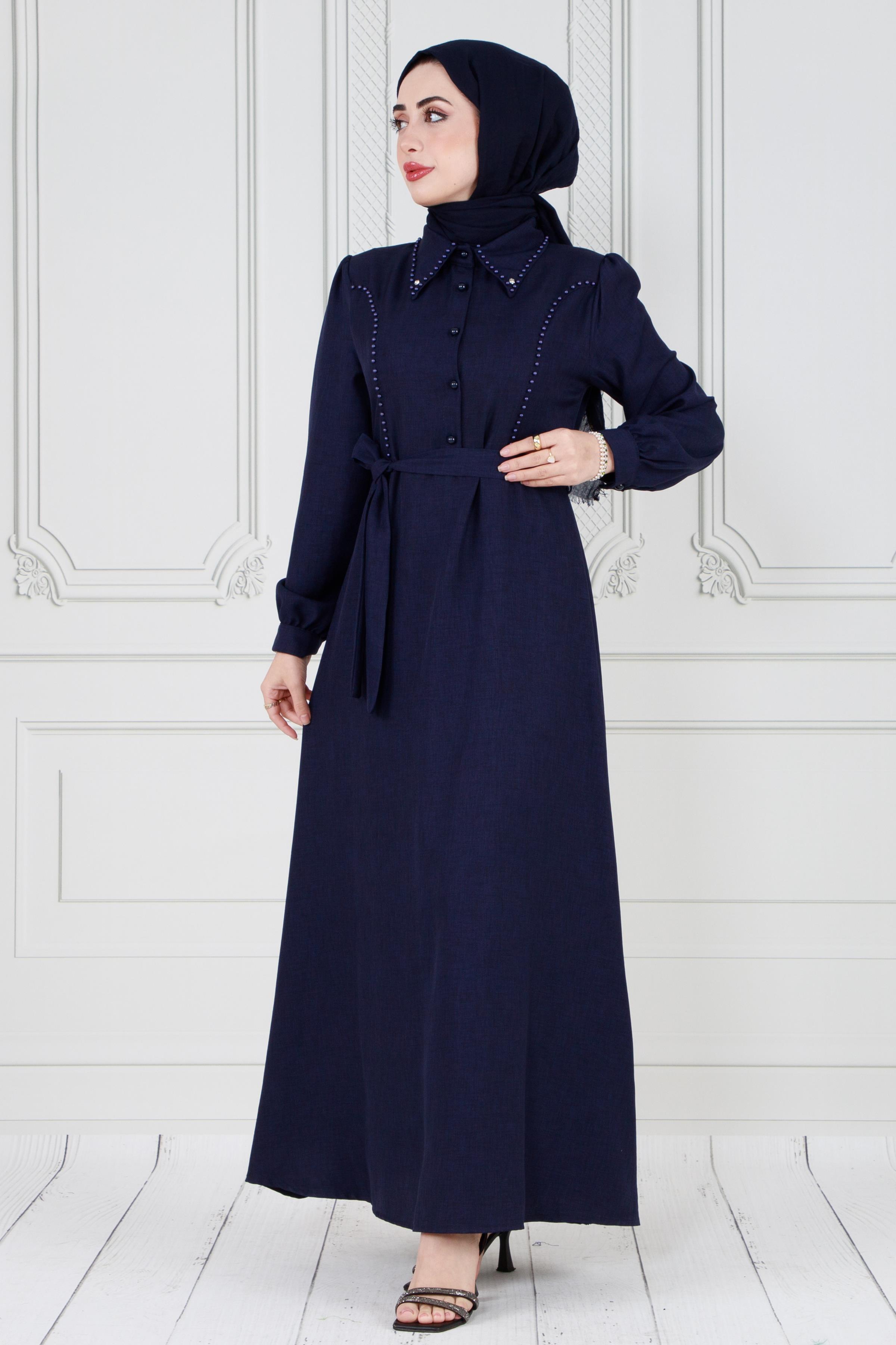 Pearl detailed and belted hijab dress-Bleu