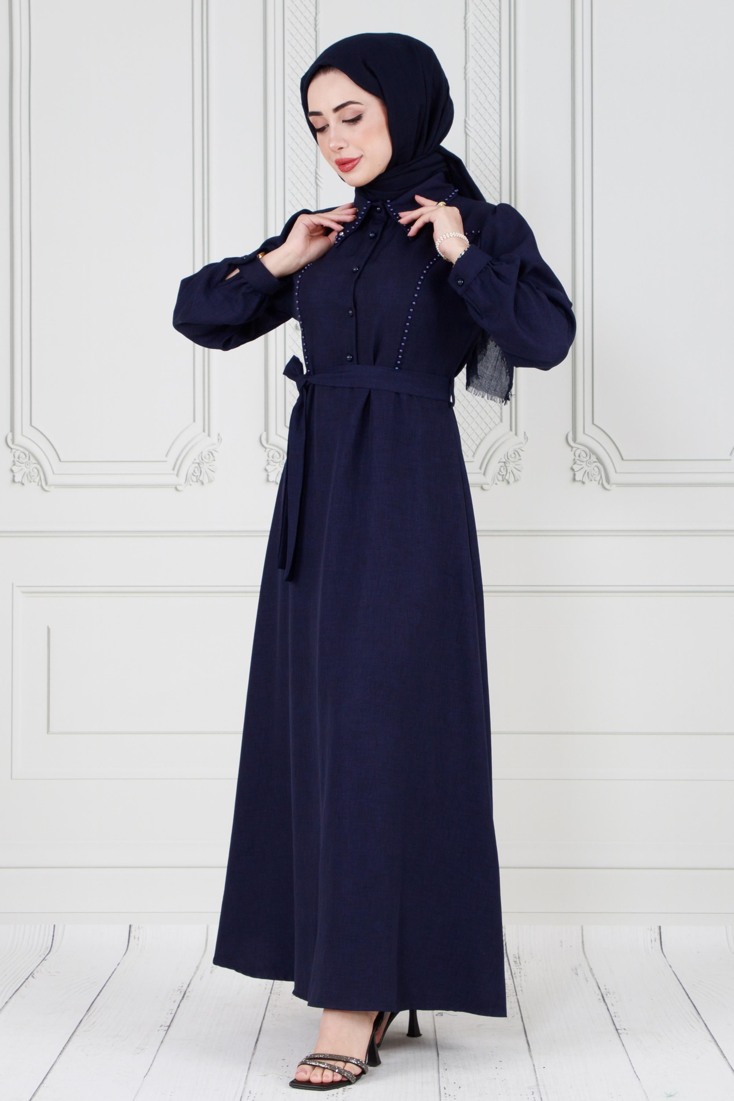 Pearl detailed and belted hijab dress-Bleu