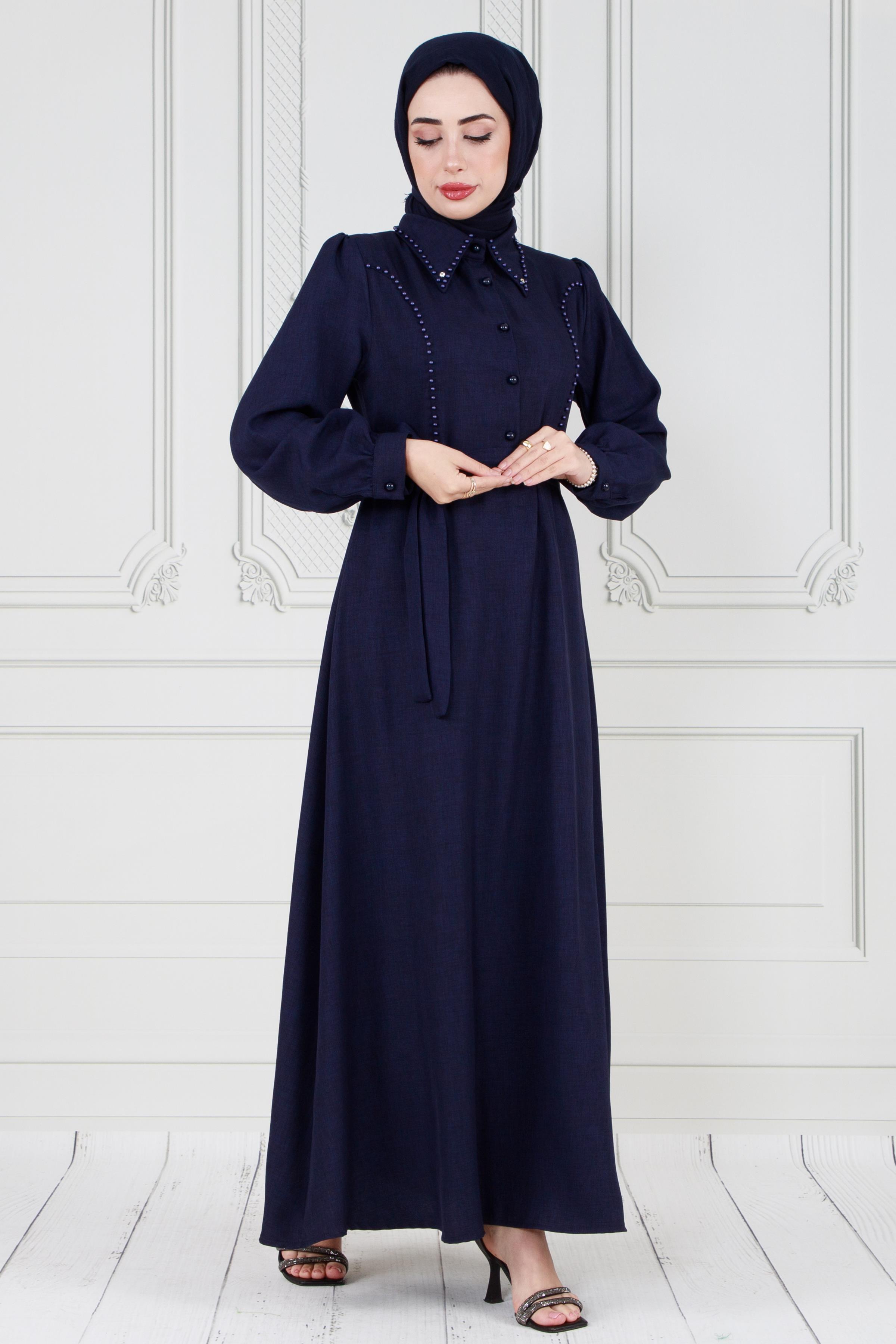Pearl detailed and belted hijab dress-Bleu