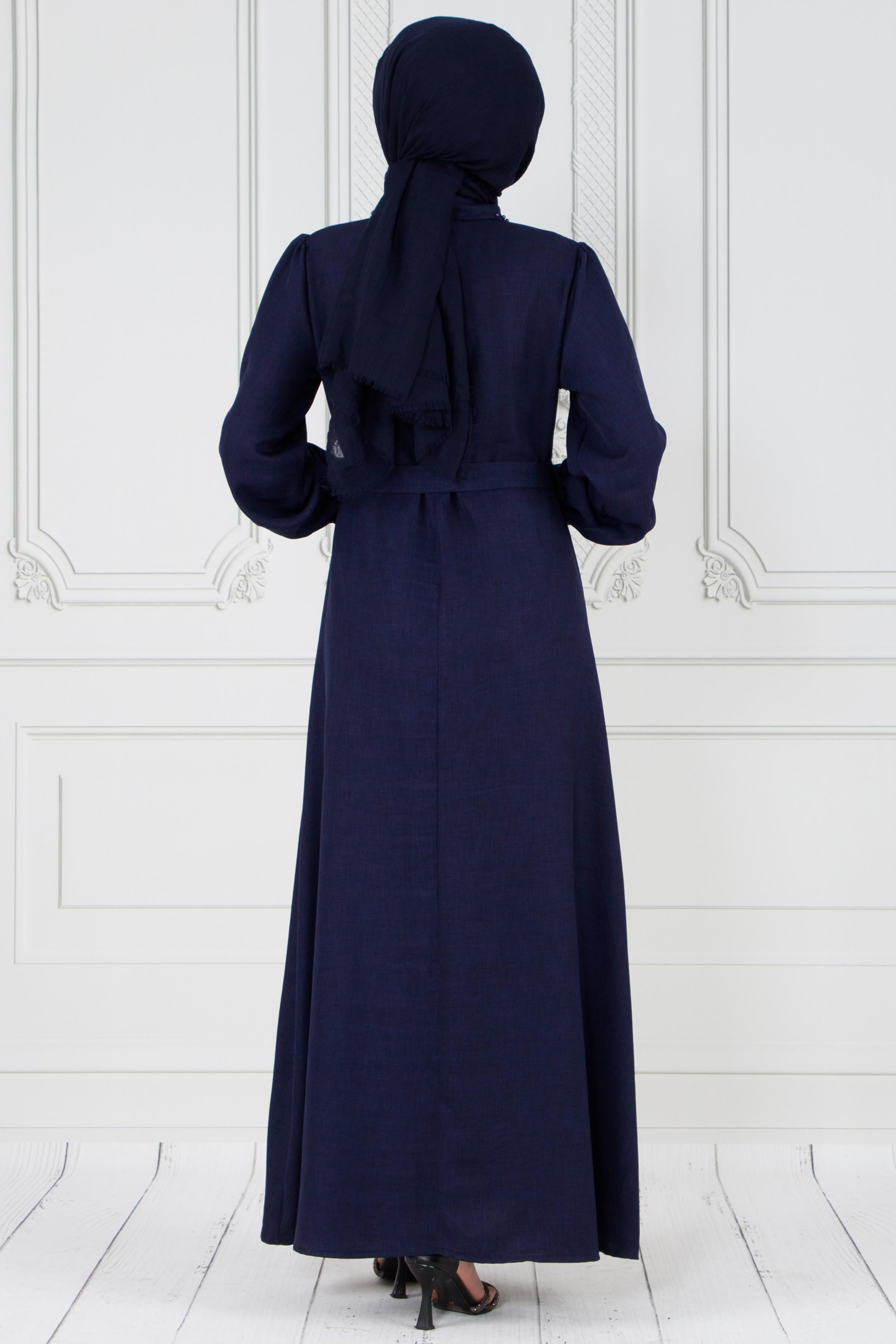 Pearl detailed and belted hijab dress-Bleu
