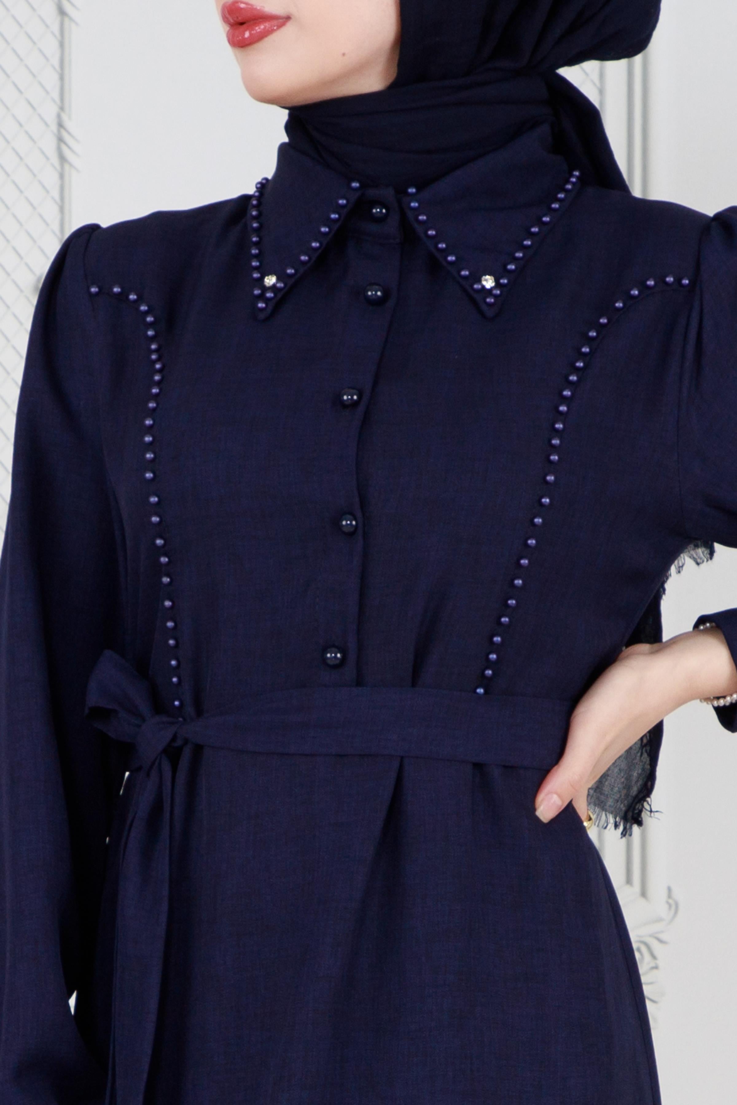 Pearl detailed and belted hijab dress-Bleu