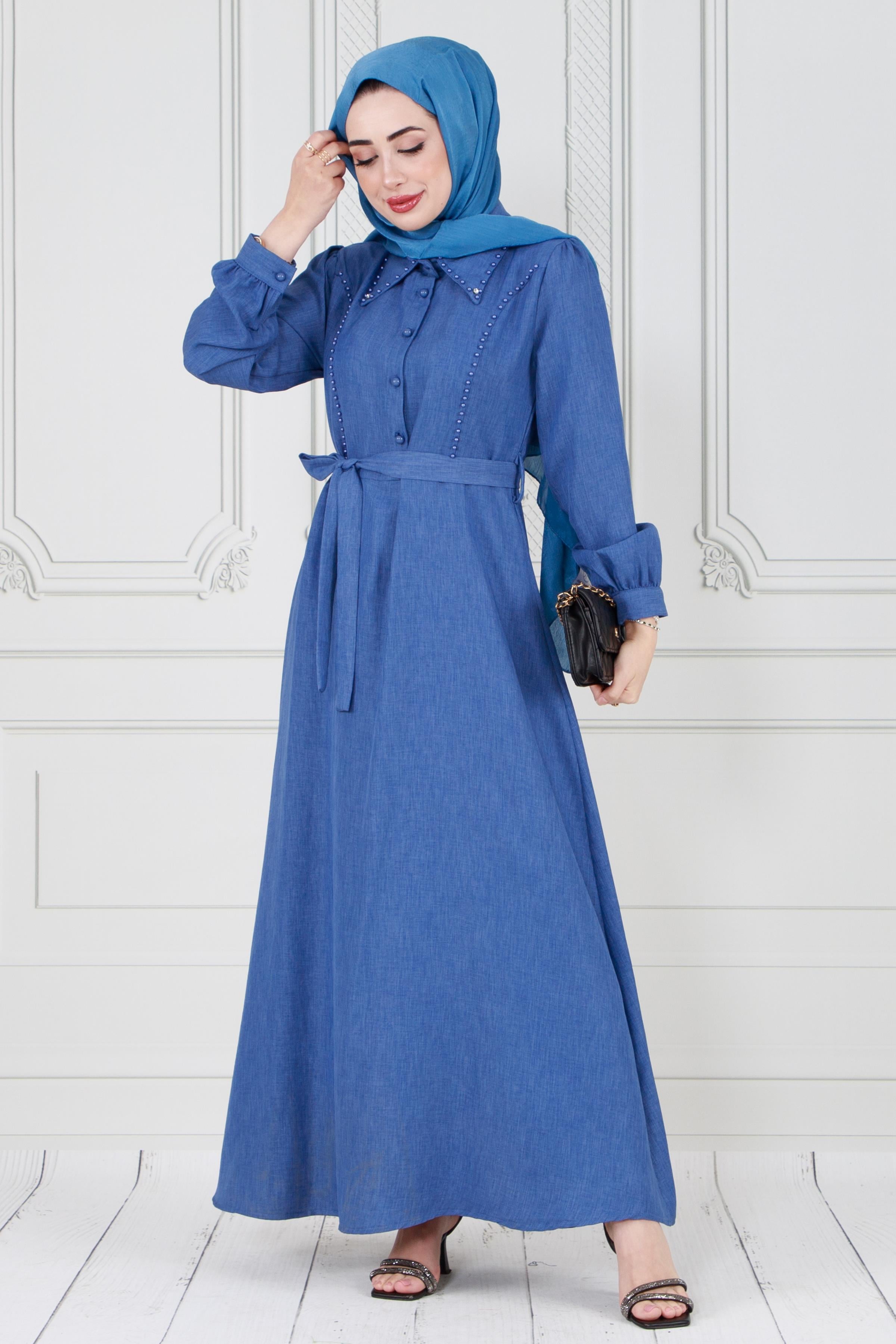 Pearl Detailed and Belted Hijab Dress-Blue