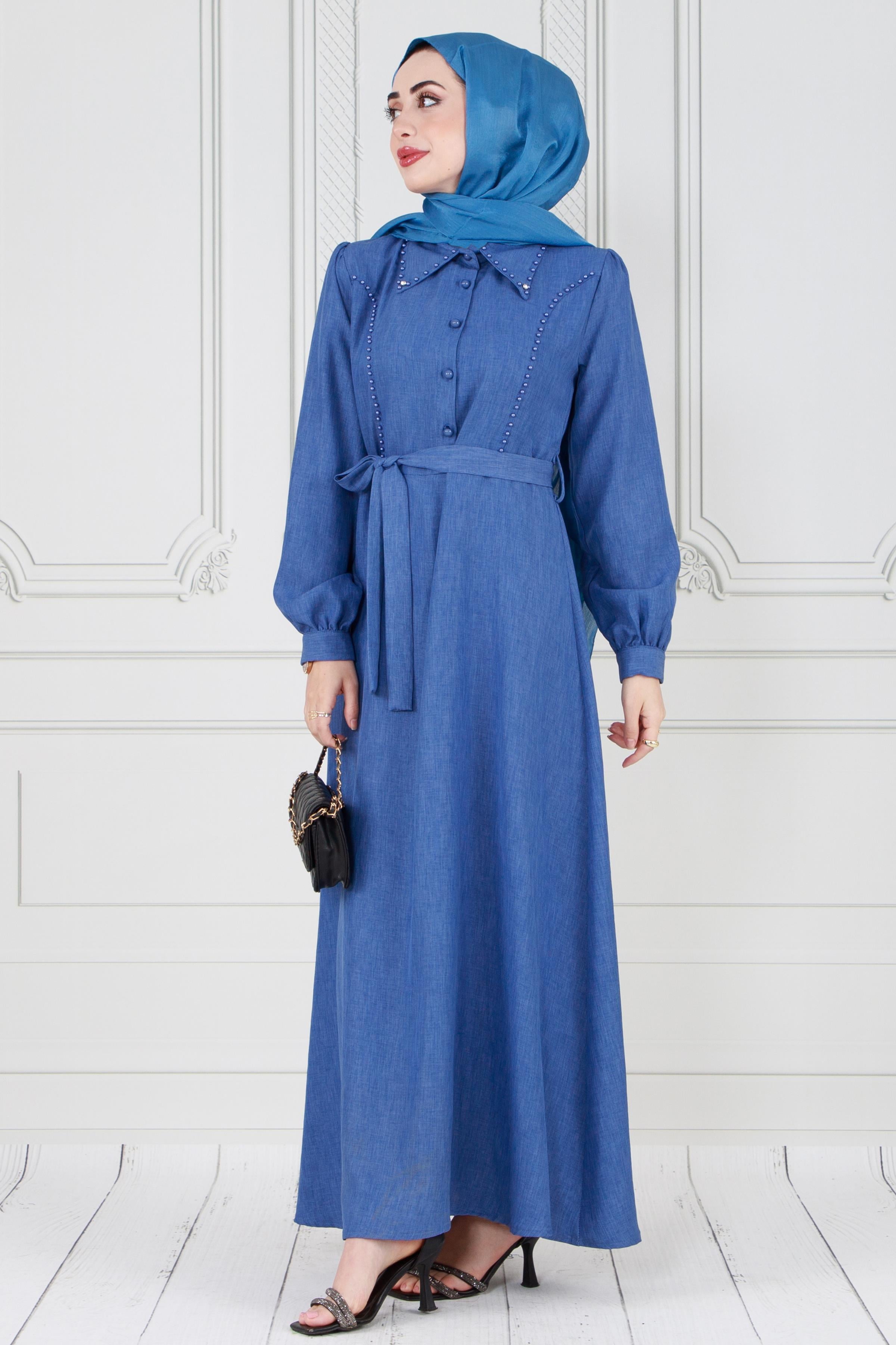 Pearl Detailed and Belted Hijab Dress-Blue