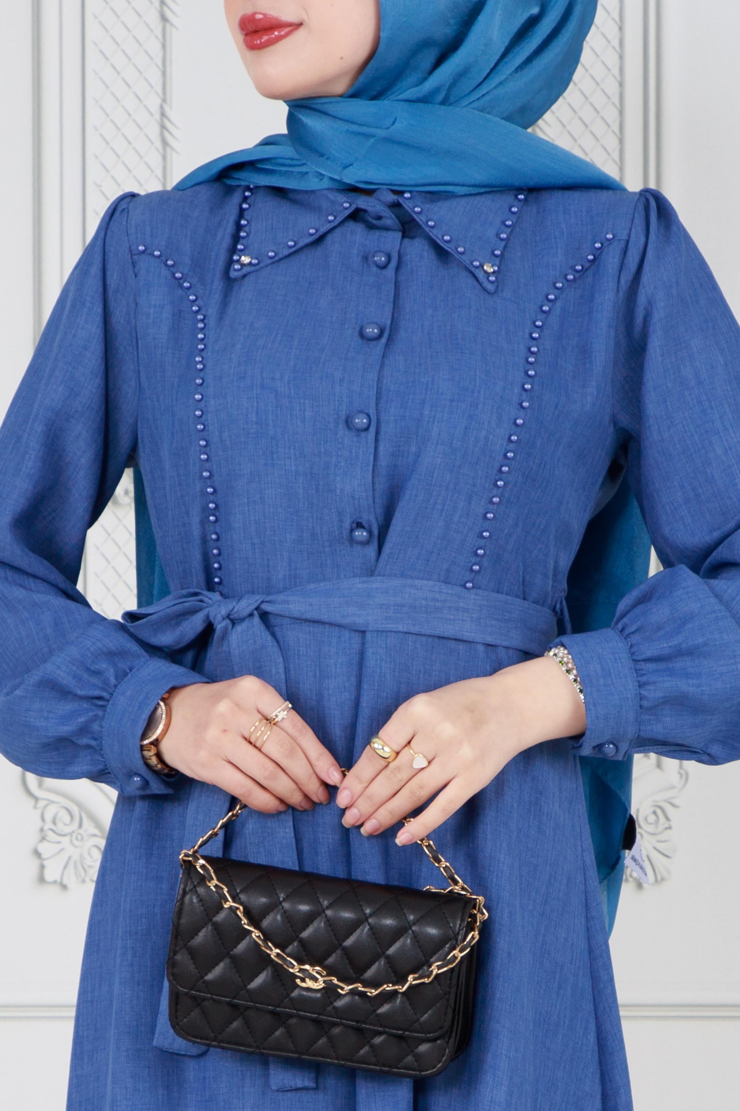 Pearl Detailed and Belted Hijab Dress-Blue