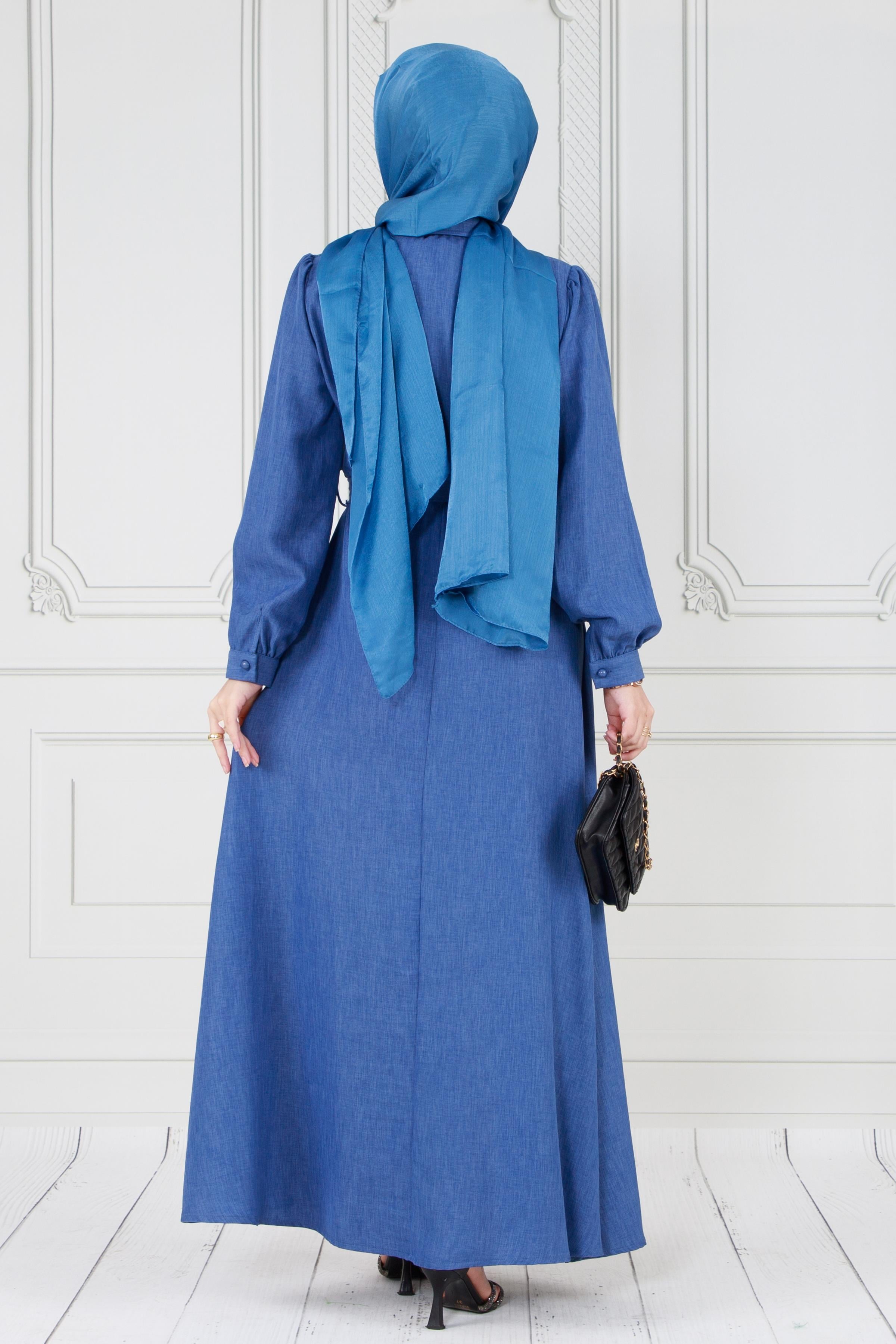 Pearl Detailed and Belted Hijab Dress-Blue