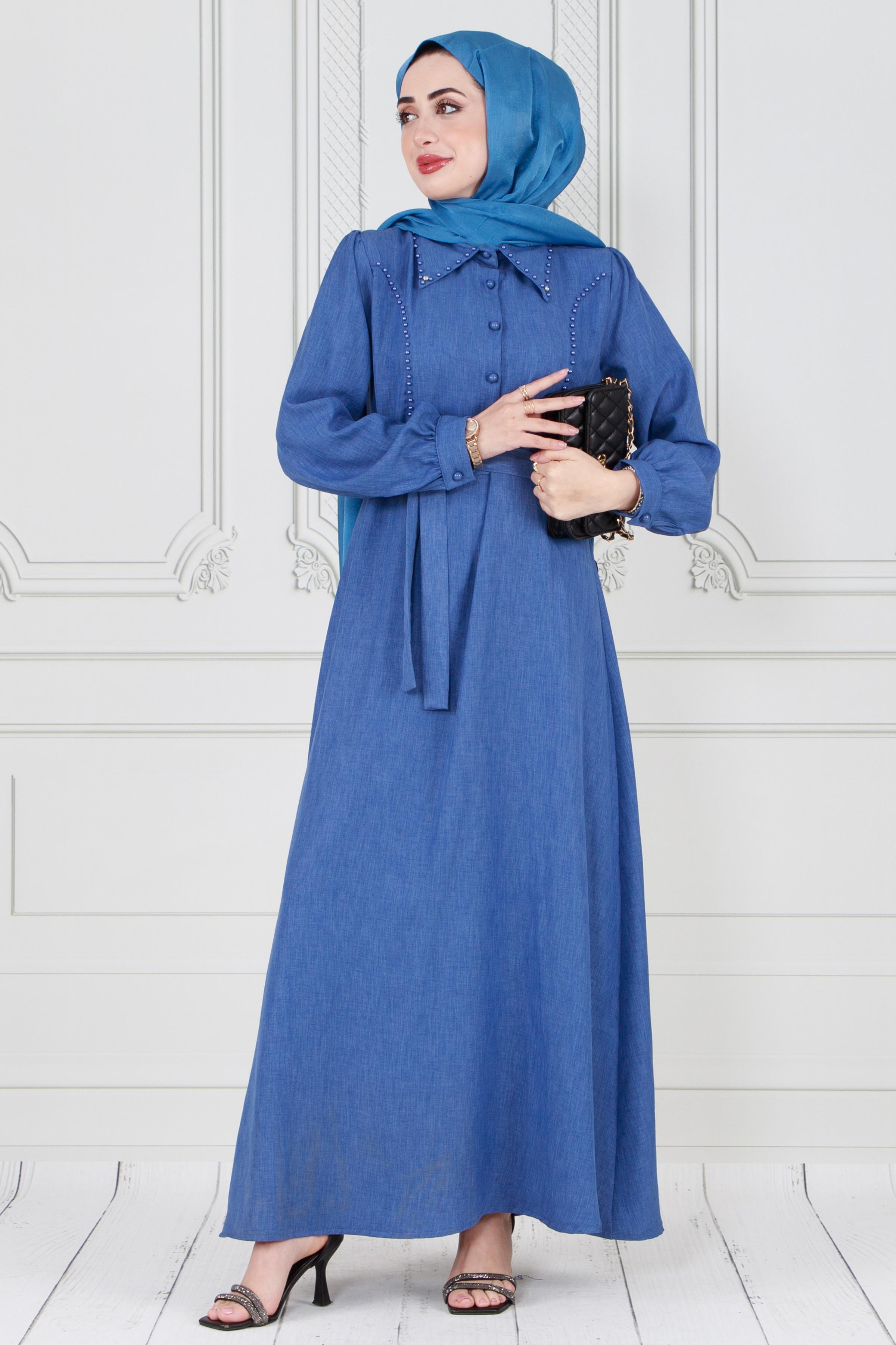 Pearl Detailed and Belted Hijab Dress-Blue