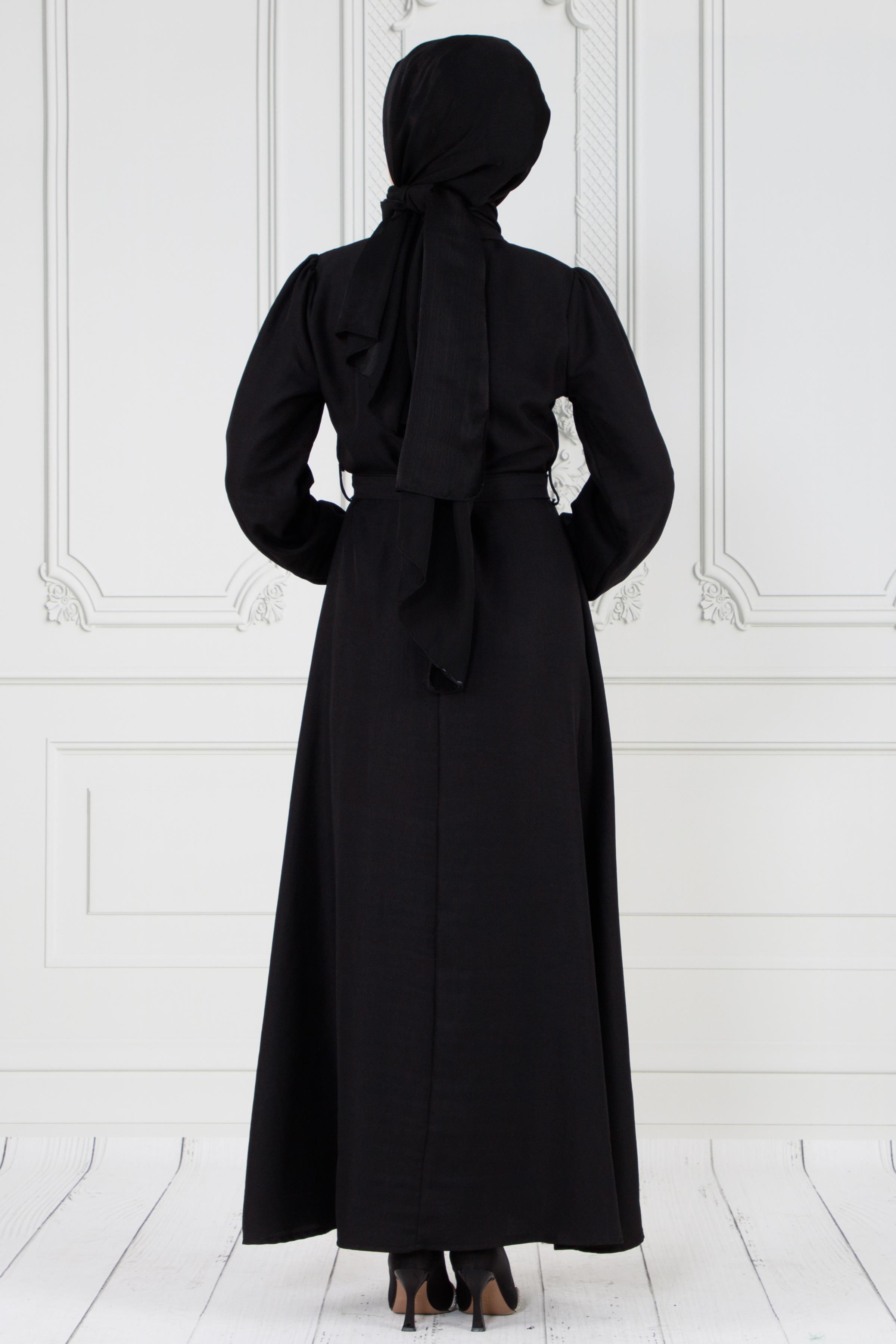 Pearl detailed and belted hijab dress-Black