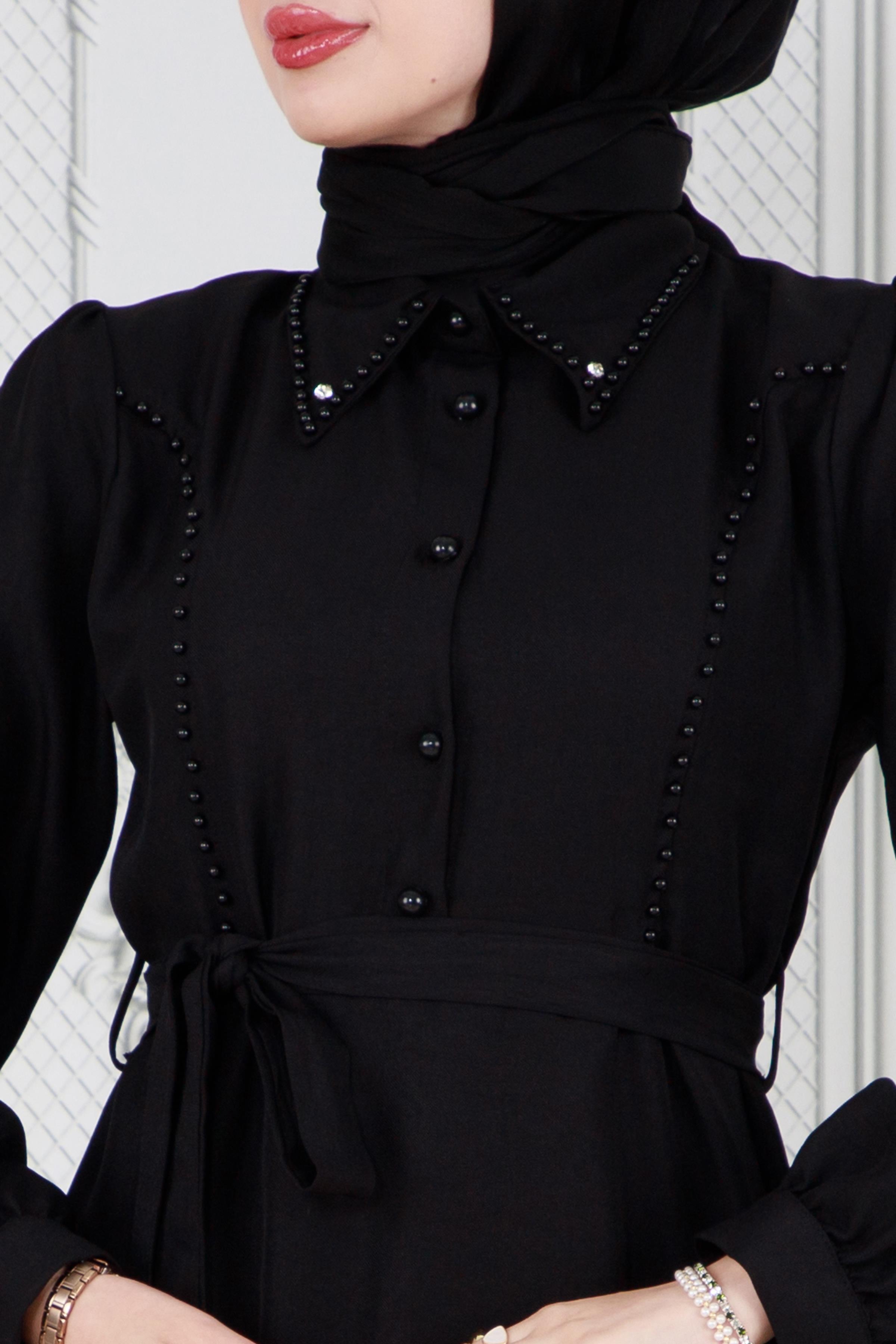 Pearl detailed and belted hijab dress-Black