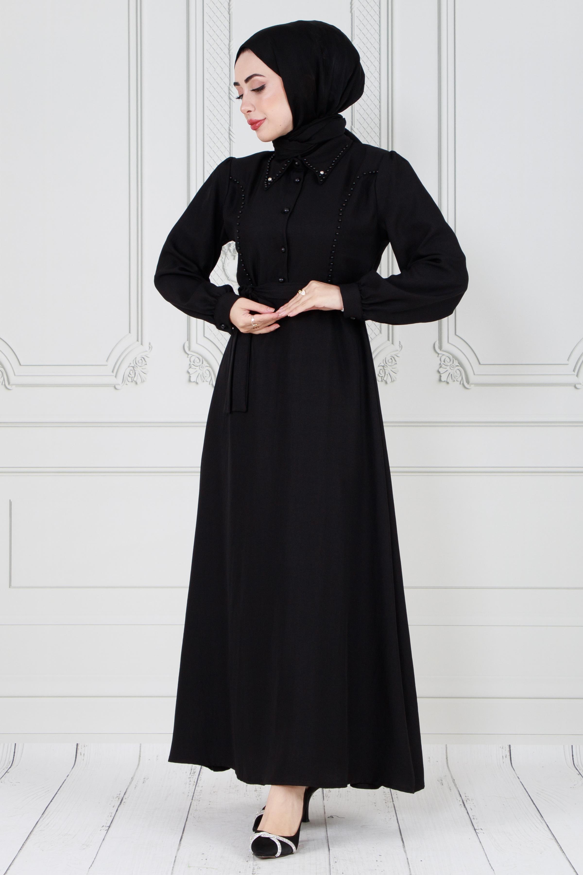 Pearl detailed and belted hijab dress-Black