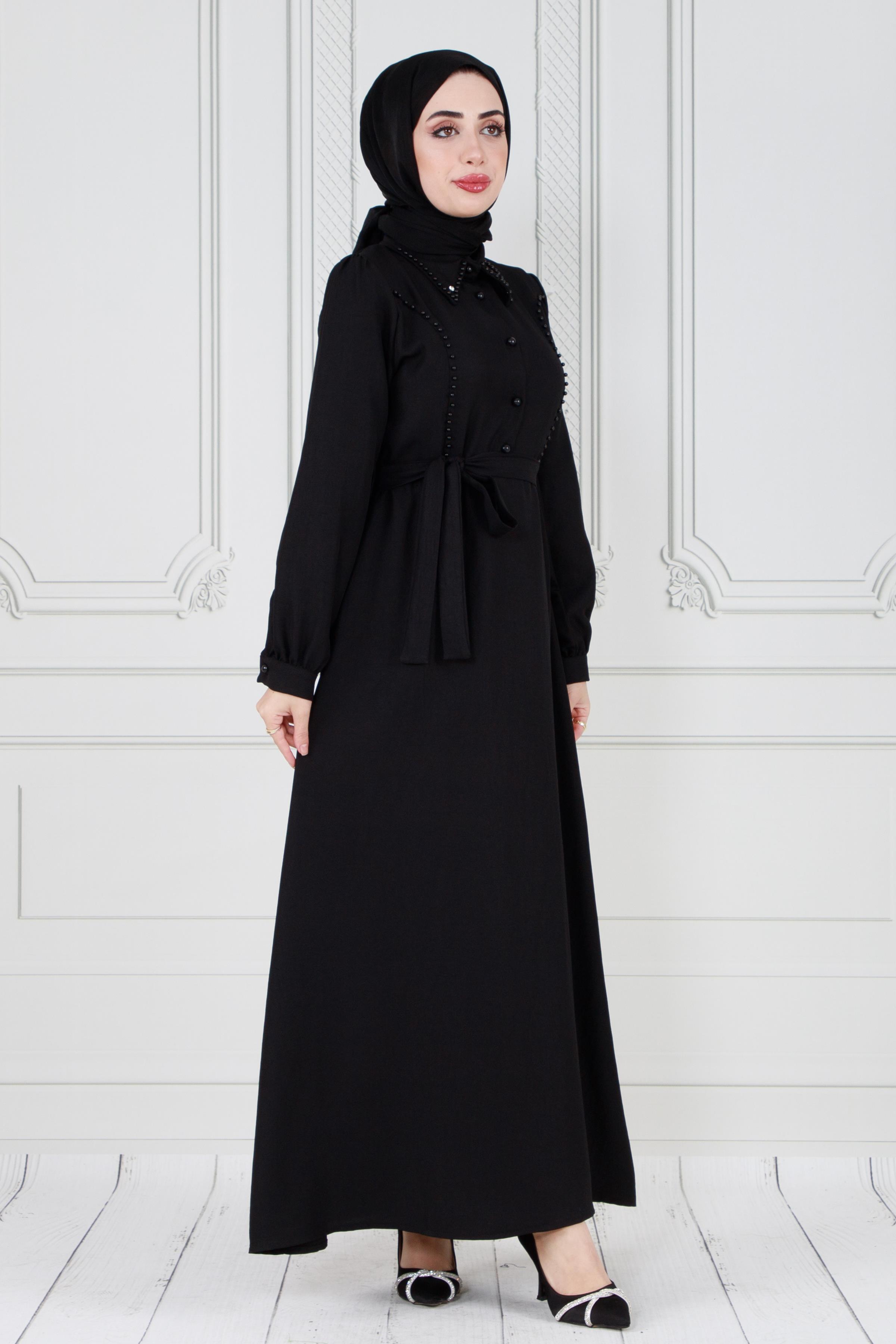 Pearl detailed and belted hijab dress-Black