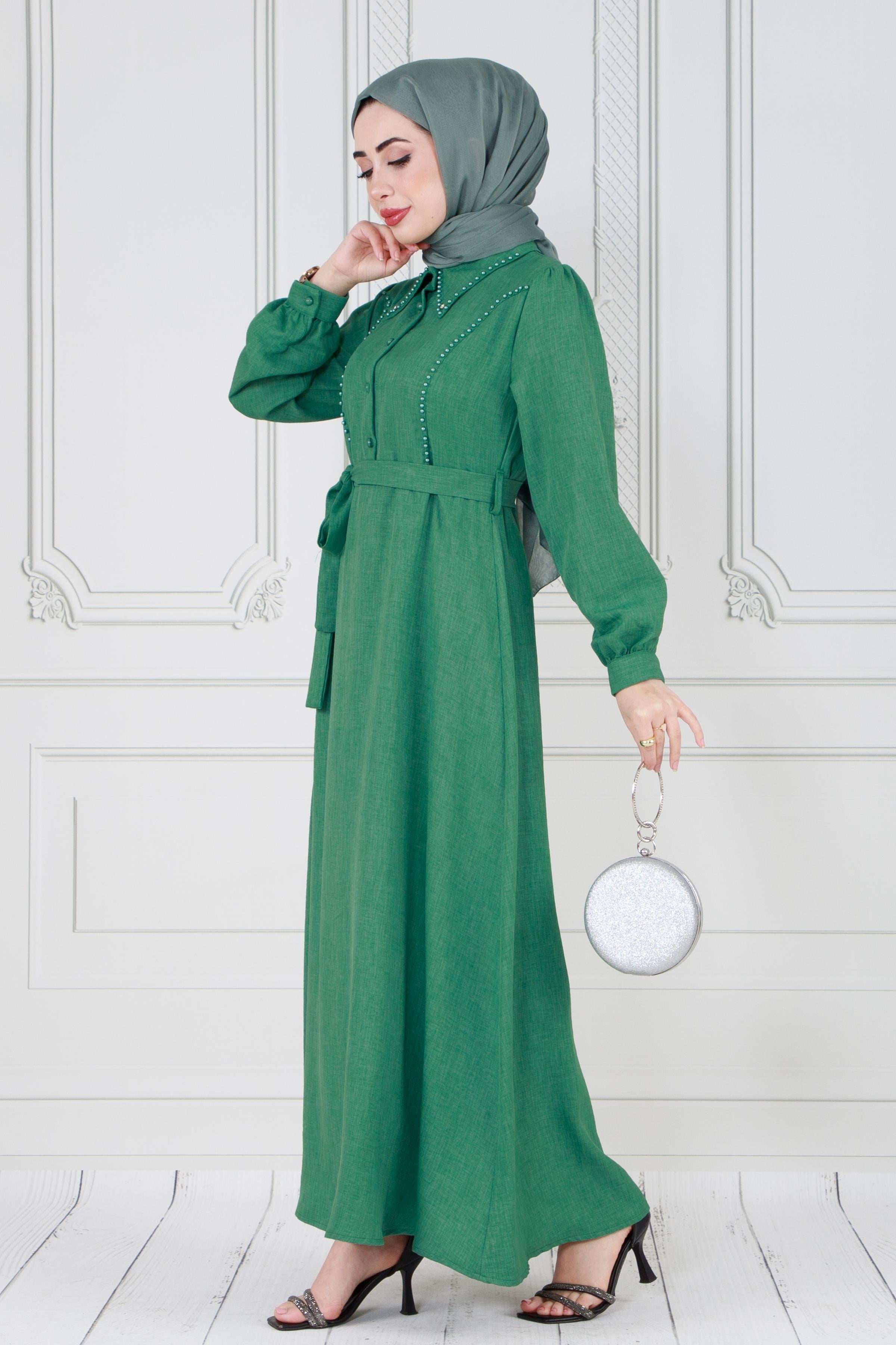 Pearl detailed and belted hijab dress-green