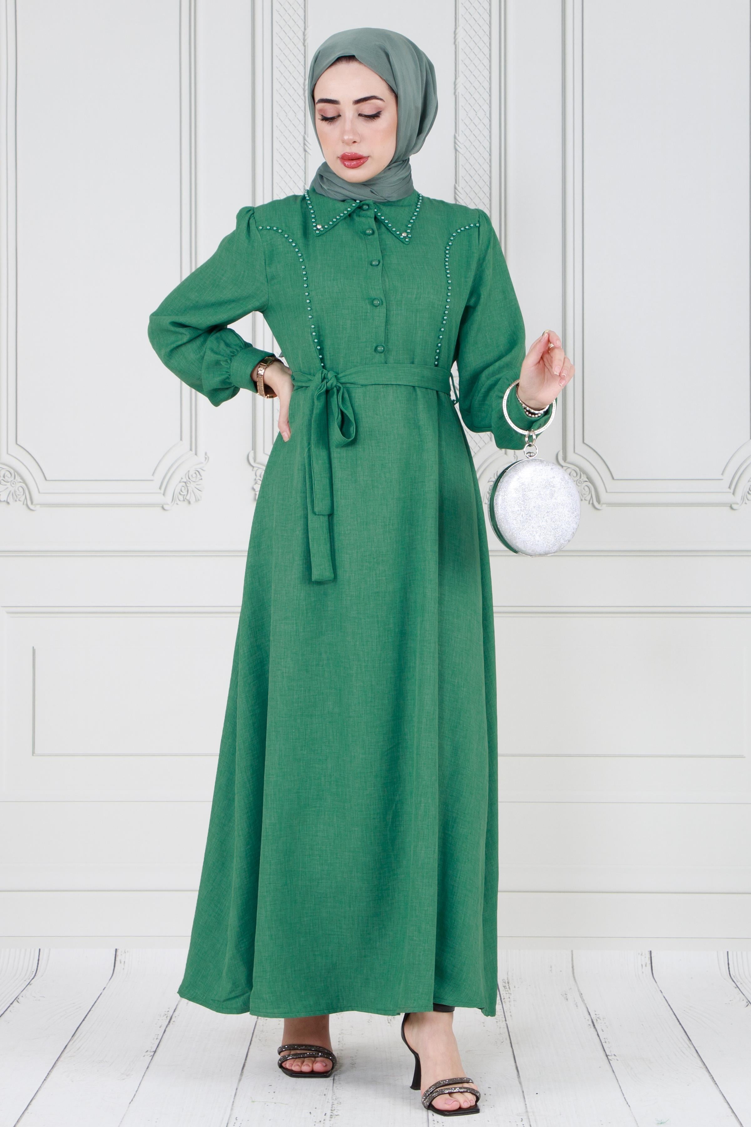 Pearl detailed and belted hijab dress-green