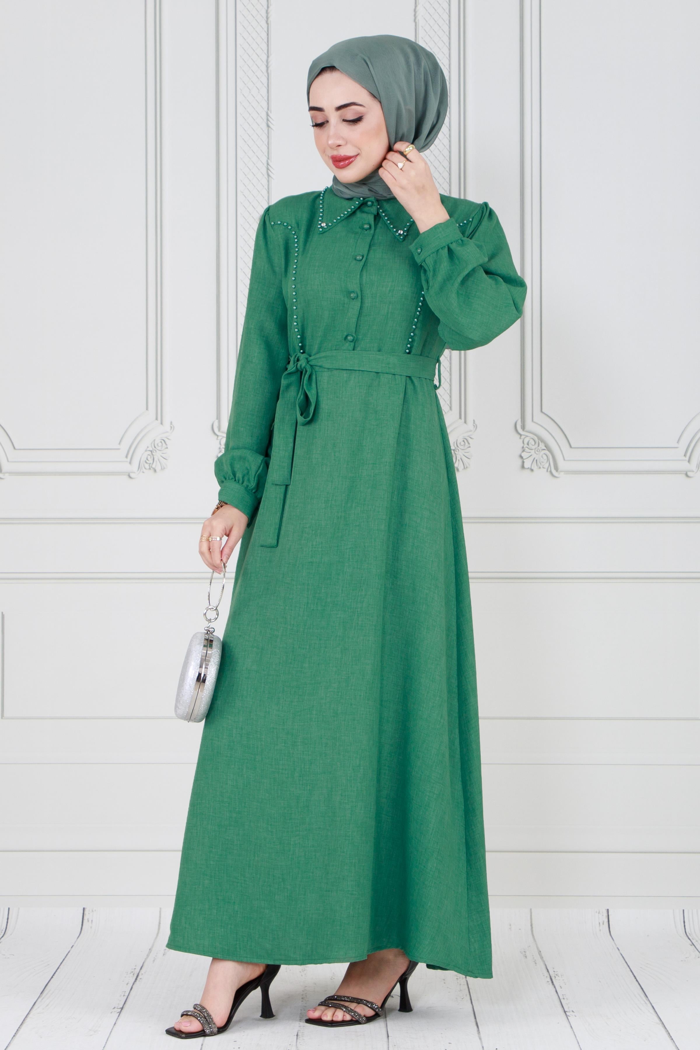 Pearl detailed and belted hijab dress-green