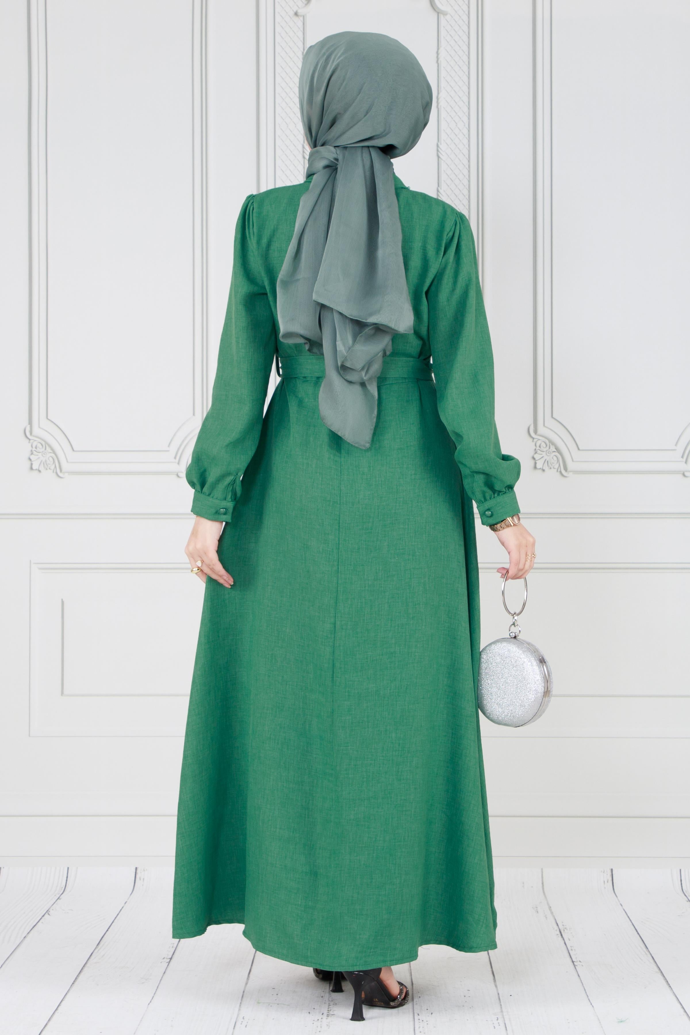 Pearl detailed and belted hijab dress-green