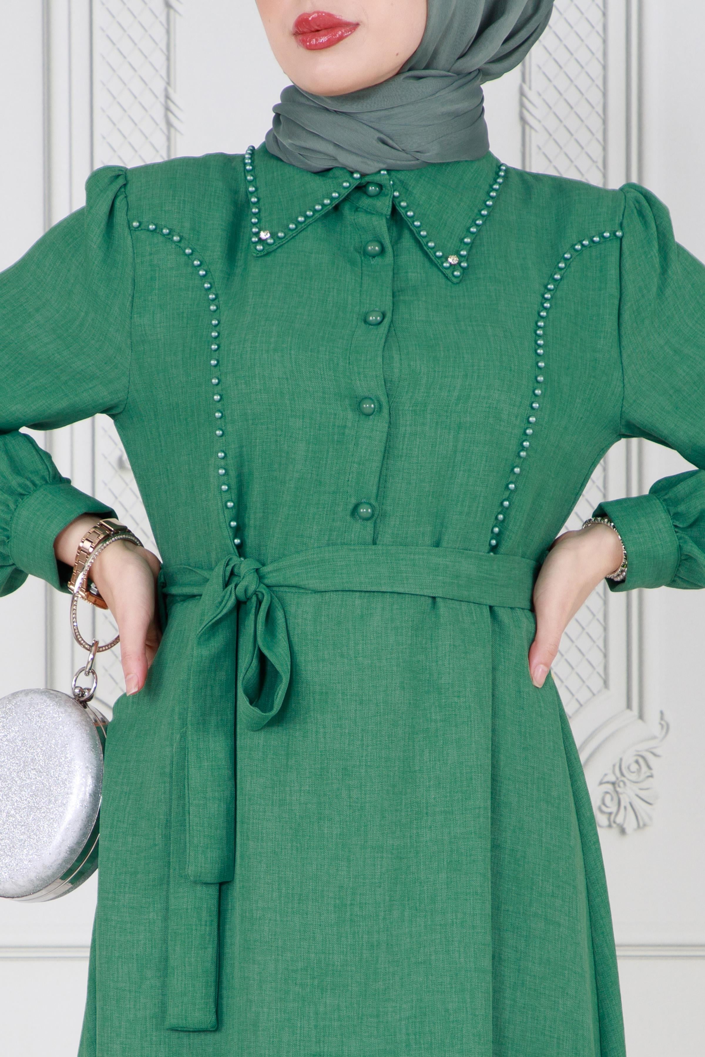 Pearl detailed and belted hijab dress-green
