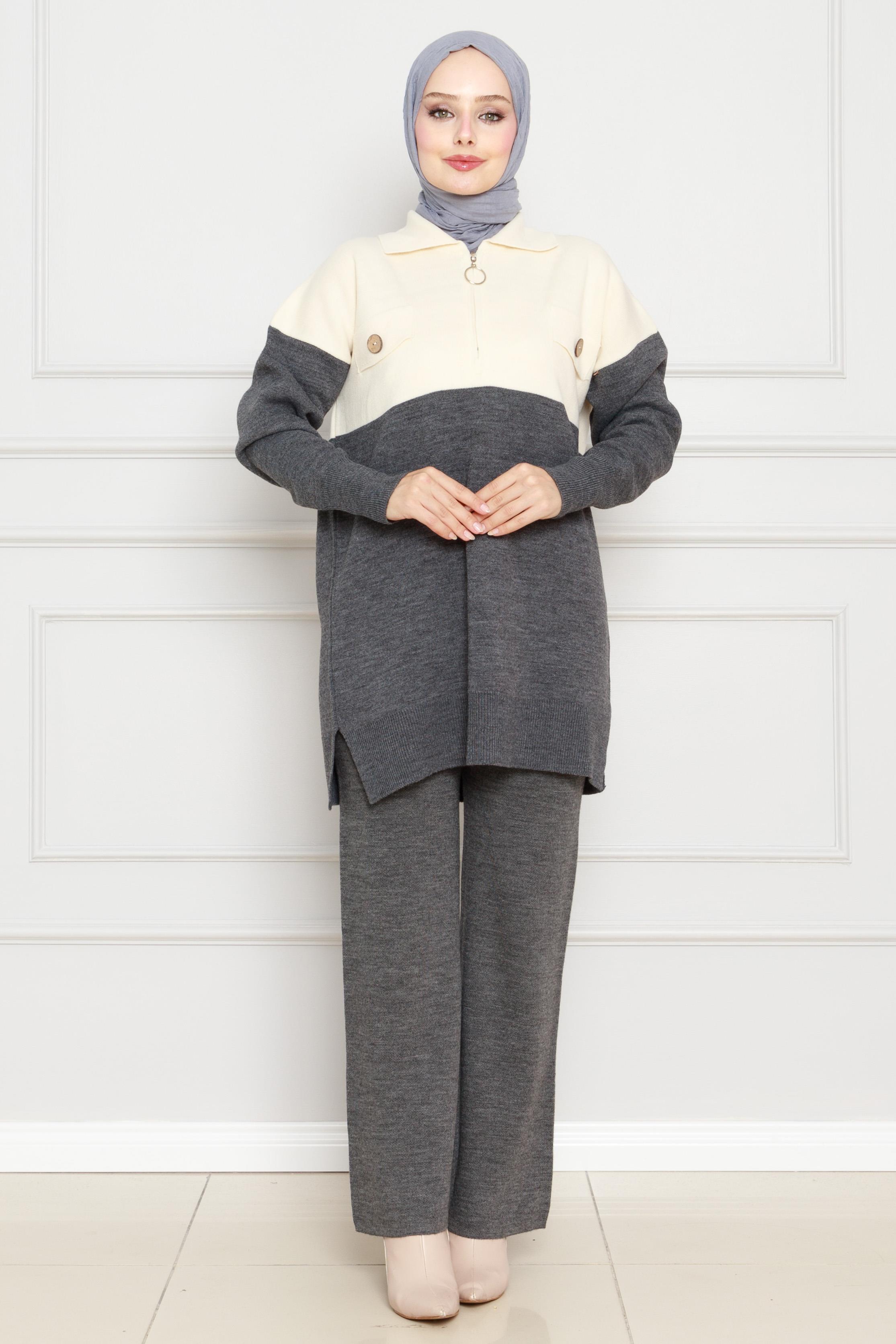 Detailed Knitwear Suit-Grey color
