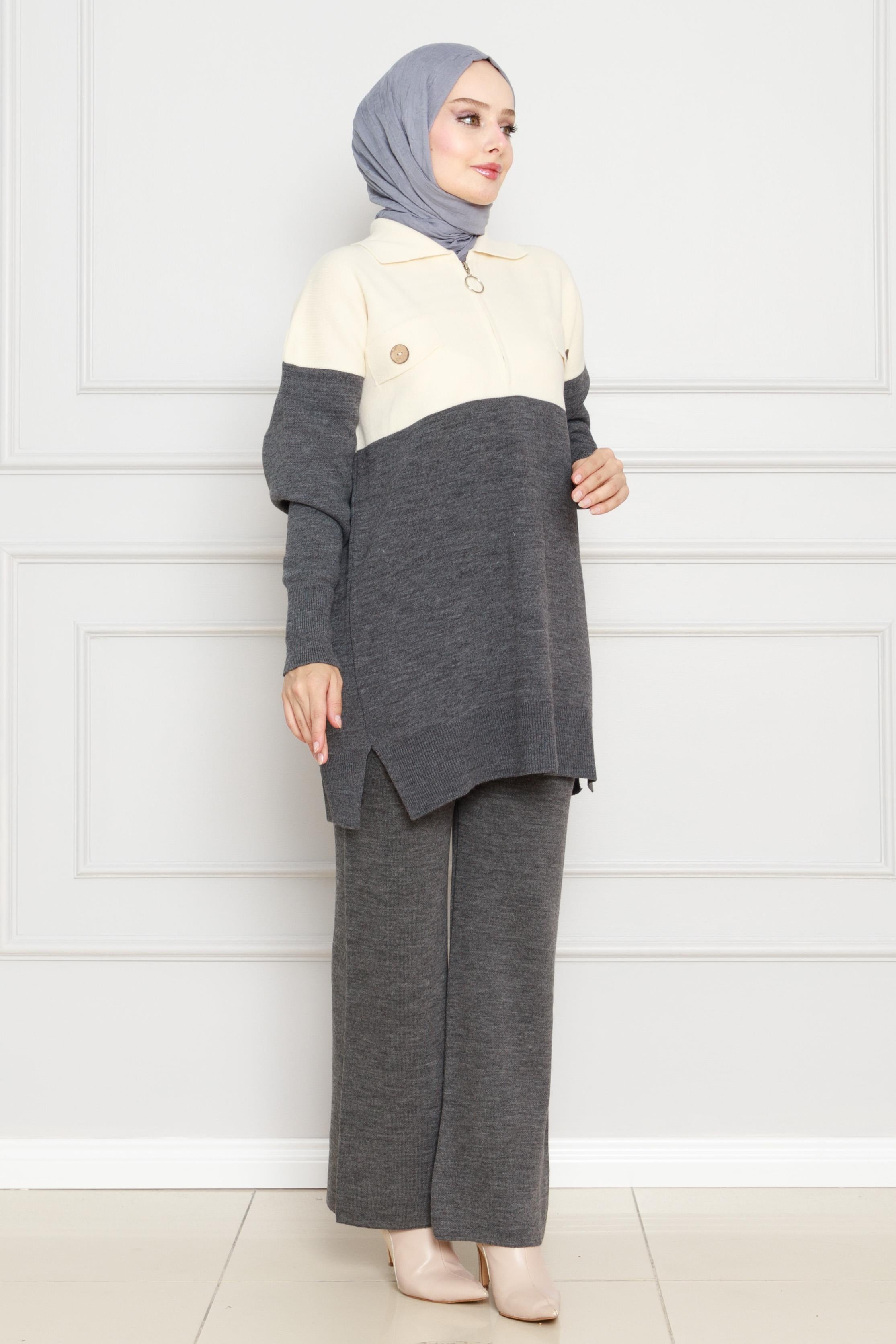 Detailed Knitwear Suit-Grey color