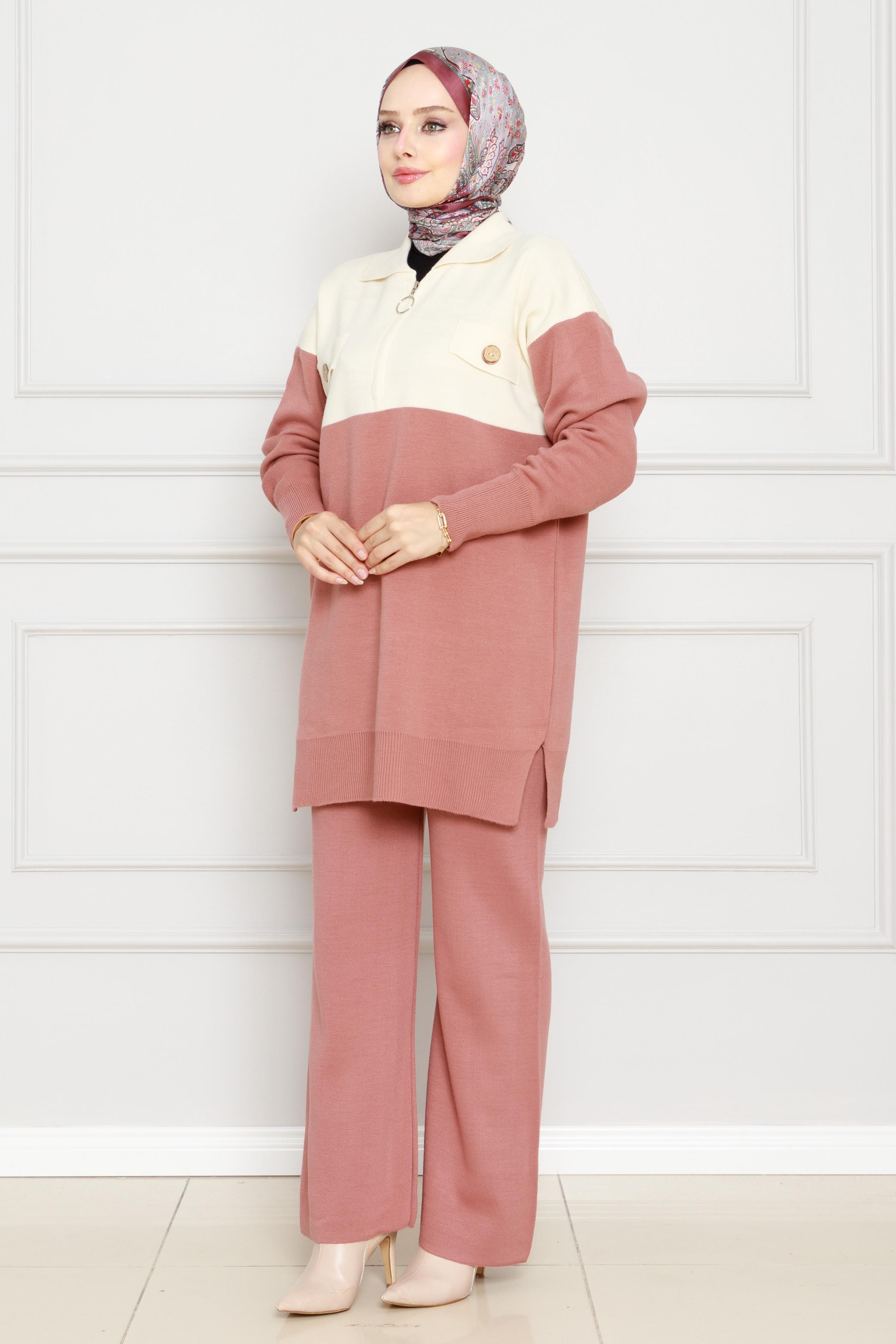Detailed Knitwear Suit-Rose color