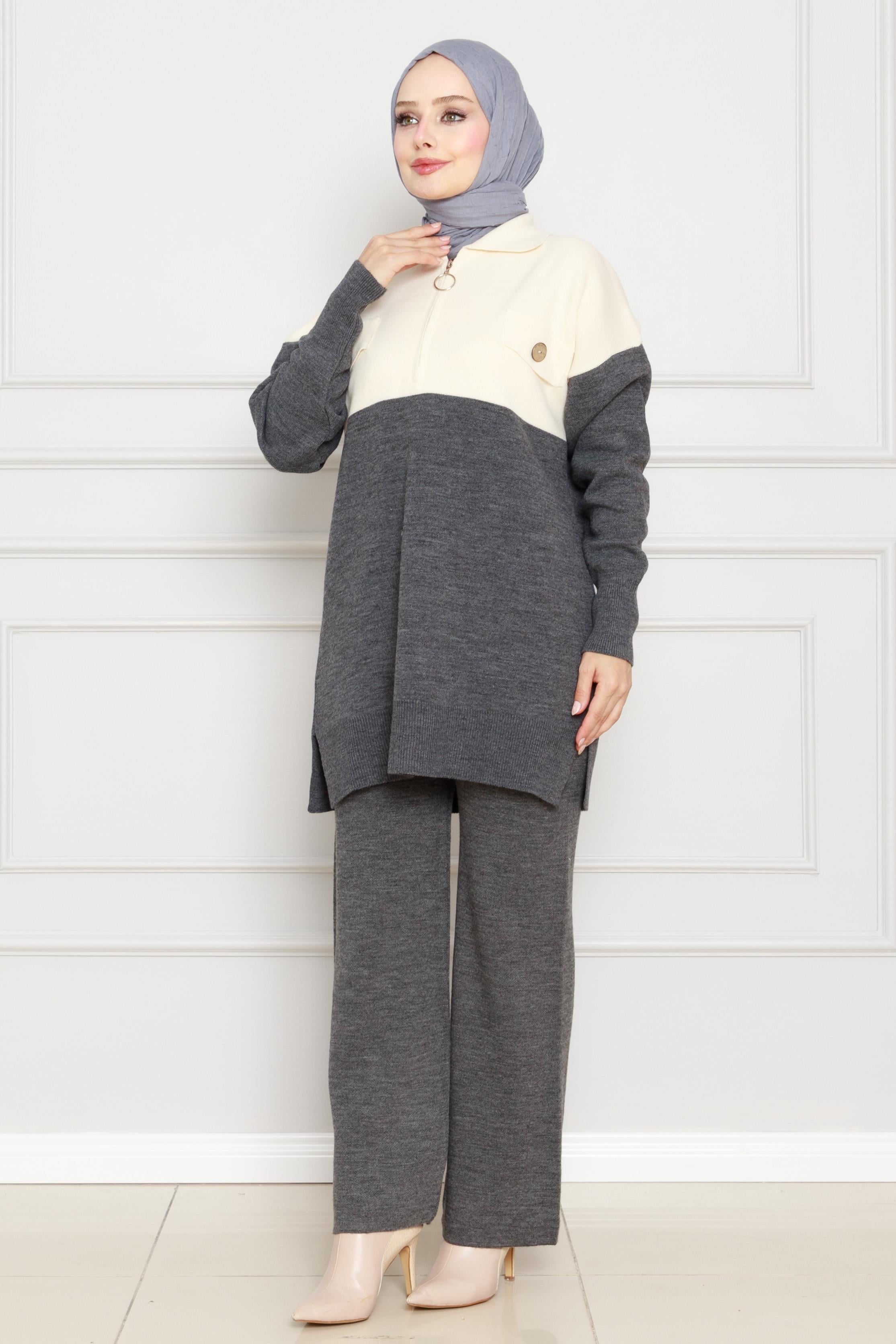 Detailed Knitwear Suit-Grey color
