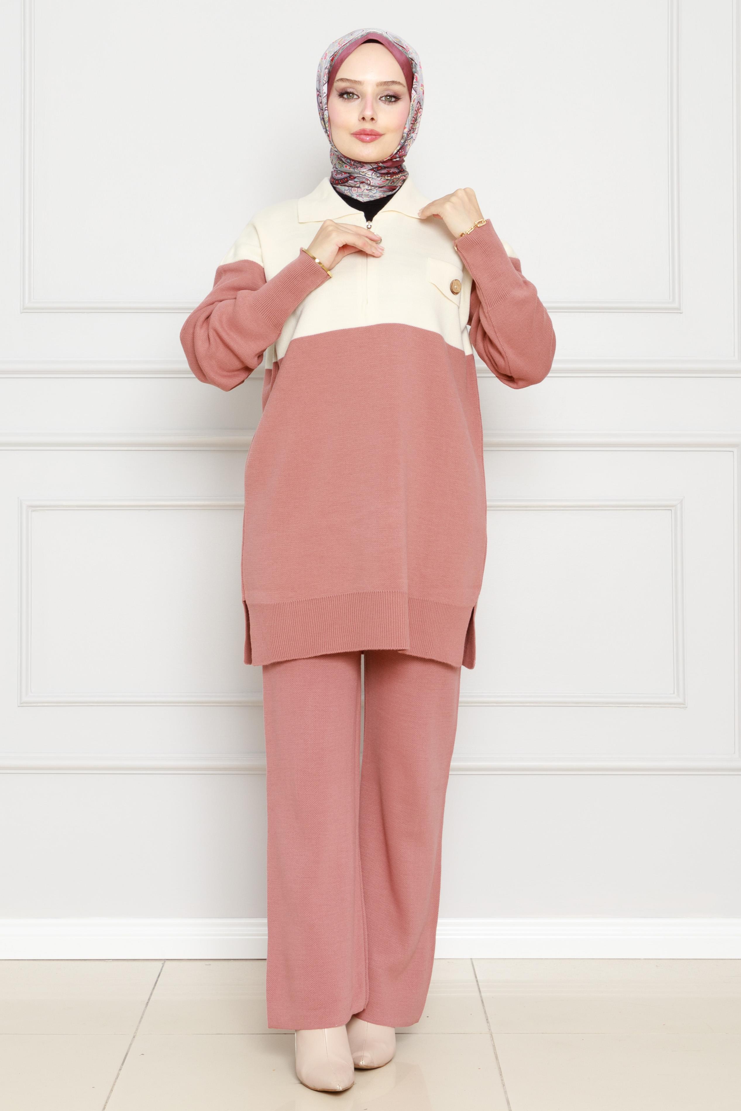 Detailed Knitwear Suit-Rose color
