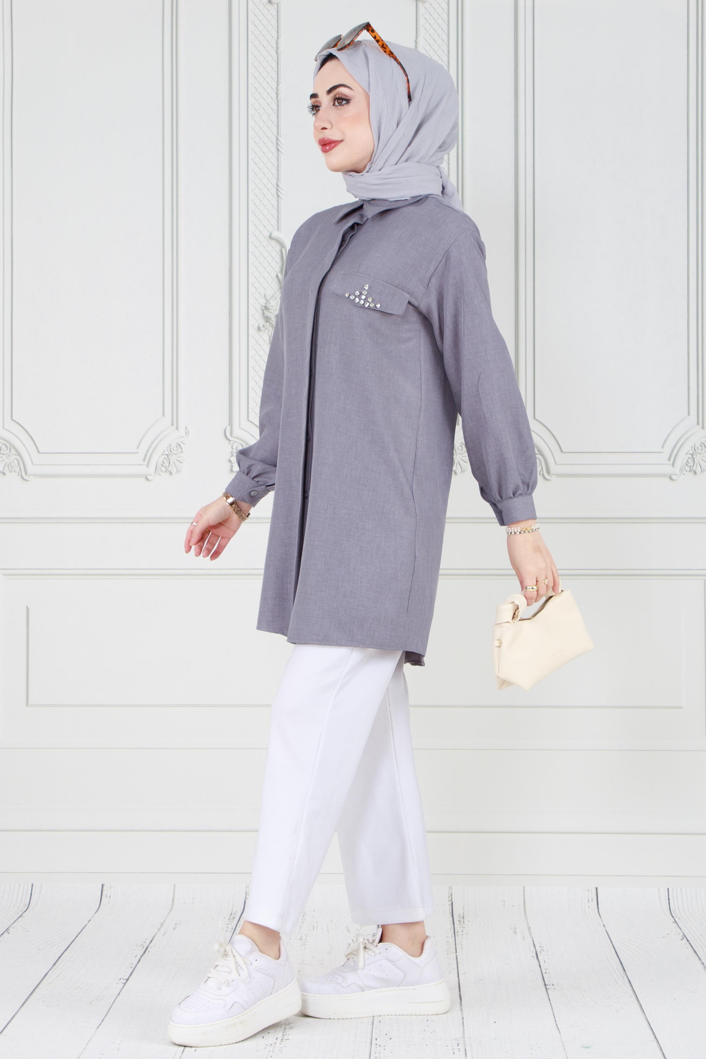 Tunic with stone details on the pocket - Grey Color 