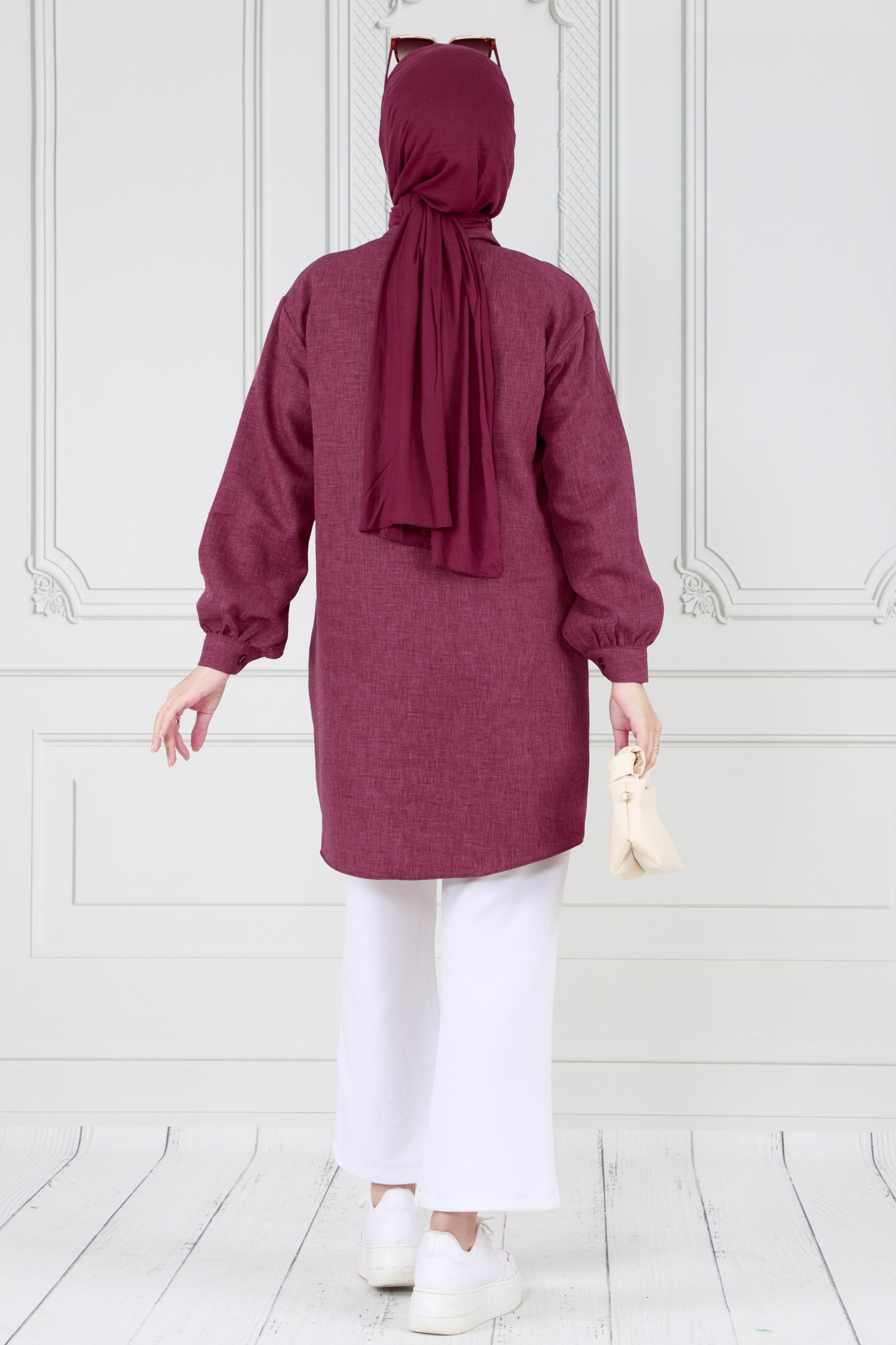 Kapağı Taş Detaylı Tunik-Mürdüm