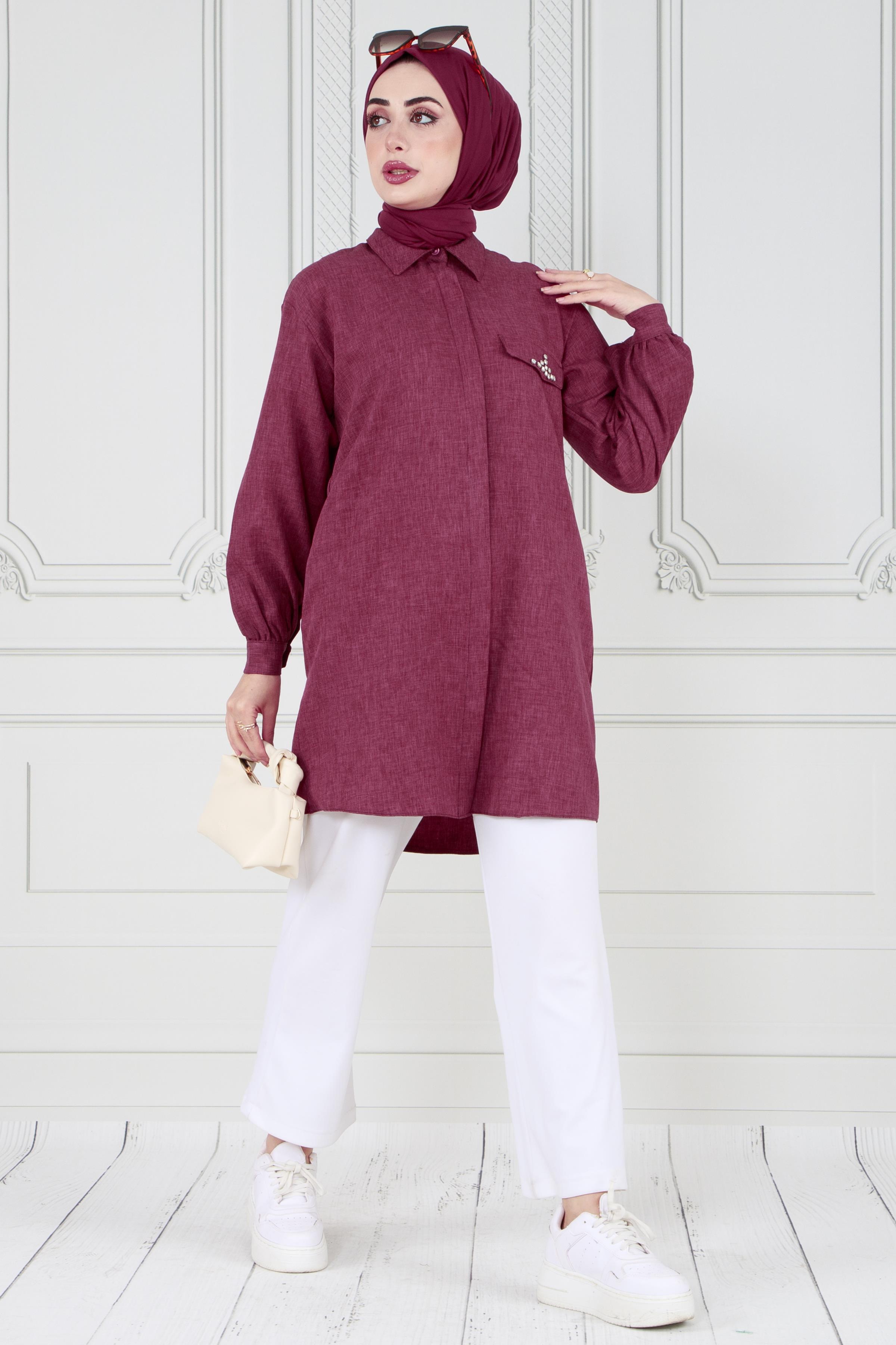 Kapağı Taş Detaylı Tunik-Mürdüm