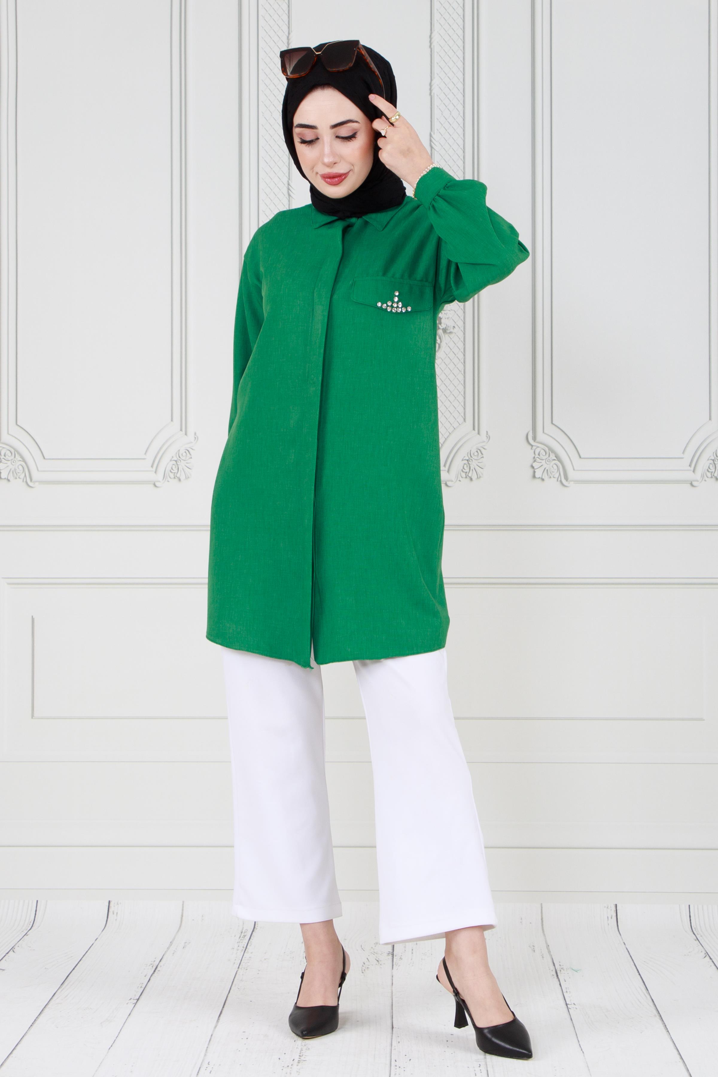Kapağı Taş Detaylı Tunik-Yeşil