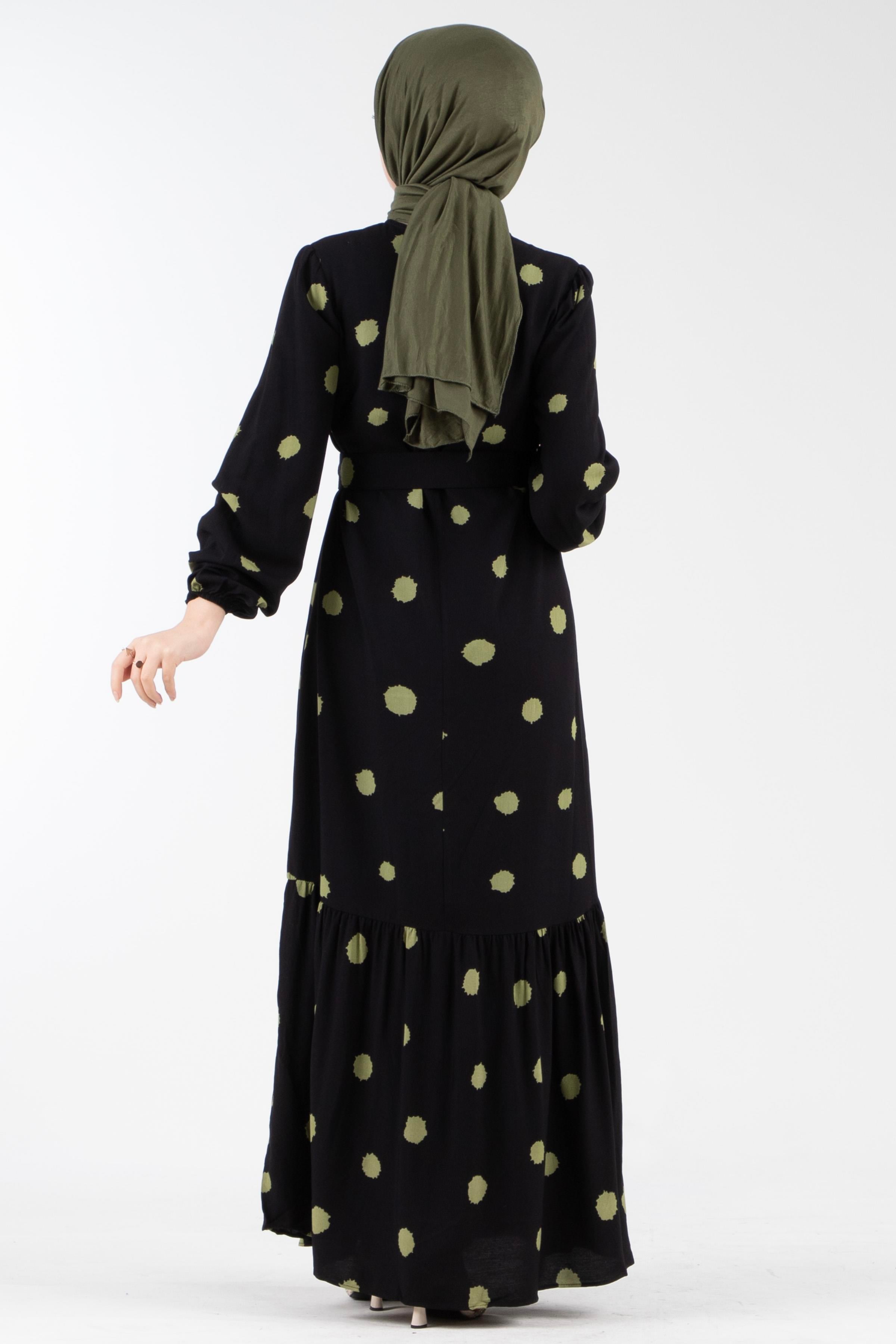 Coated Belted Polka Dot Viscose Dress - Green.