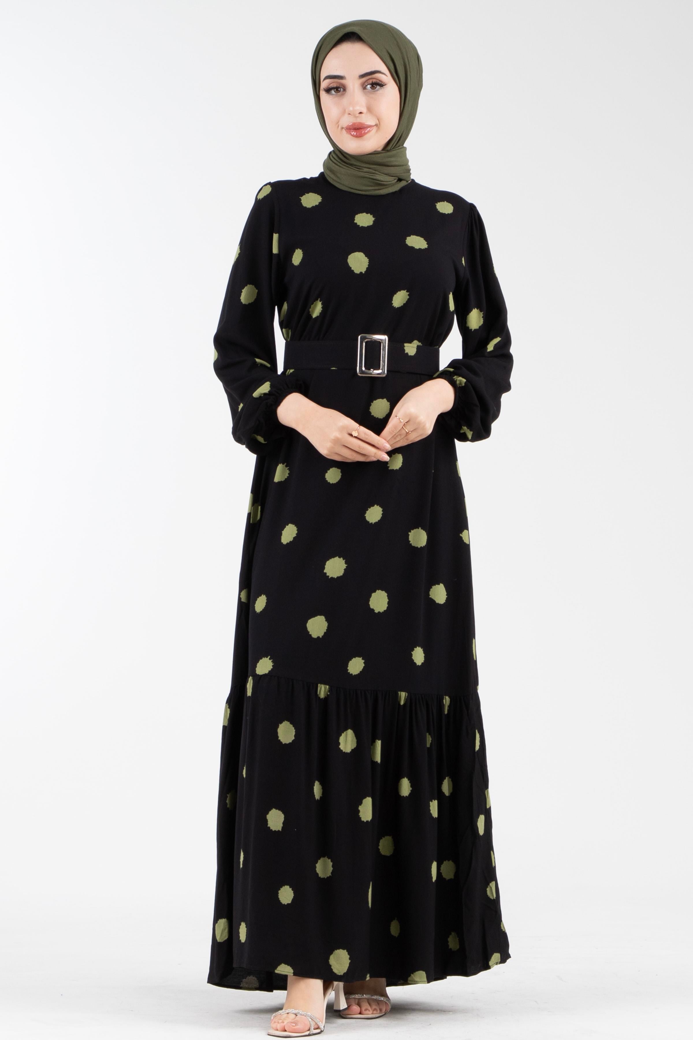 Coated Belted Polka Dot Viscose Dress - Green.
