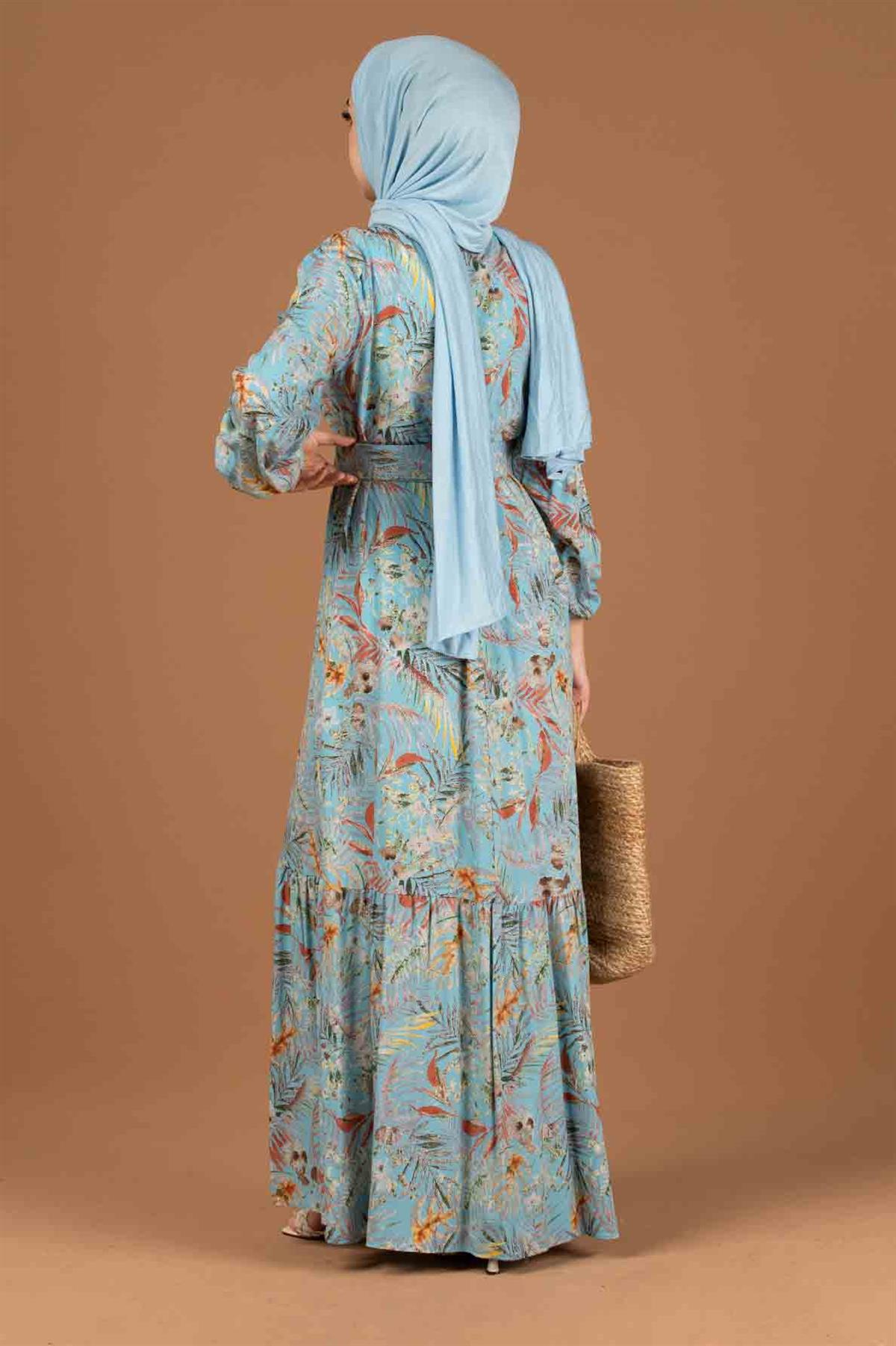 Belted Viscose Dress-Light Blue