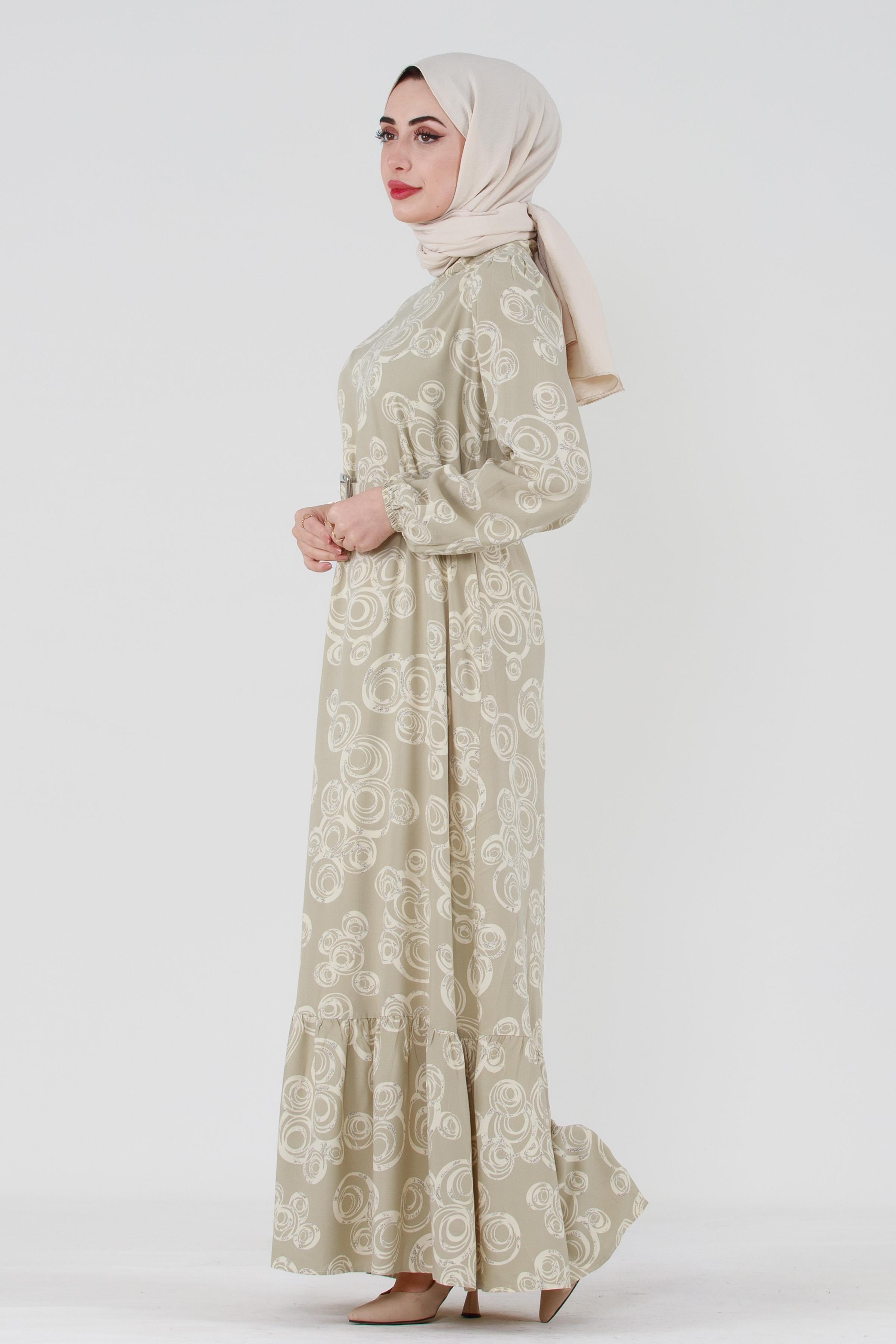 Coated Belted Viscose Hijab Dress - Beige