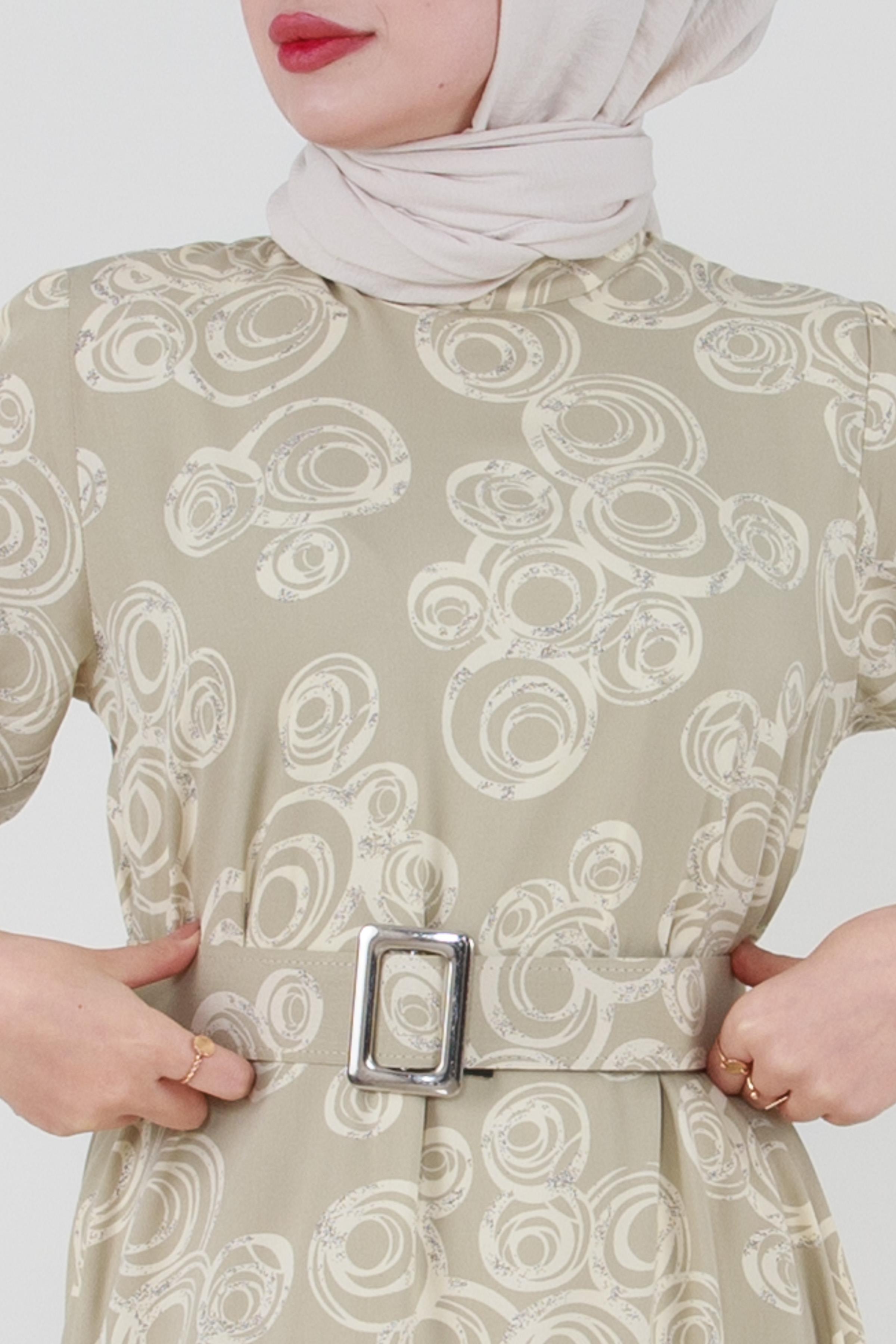 Coated Belted Viscose Hijab Dress - Beige