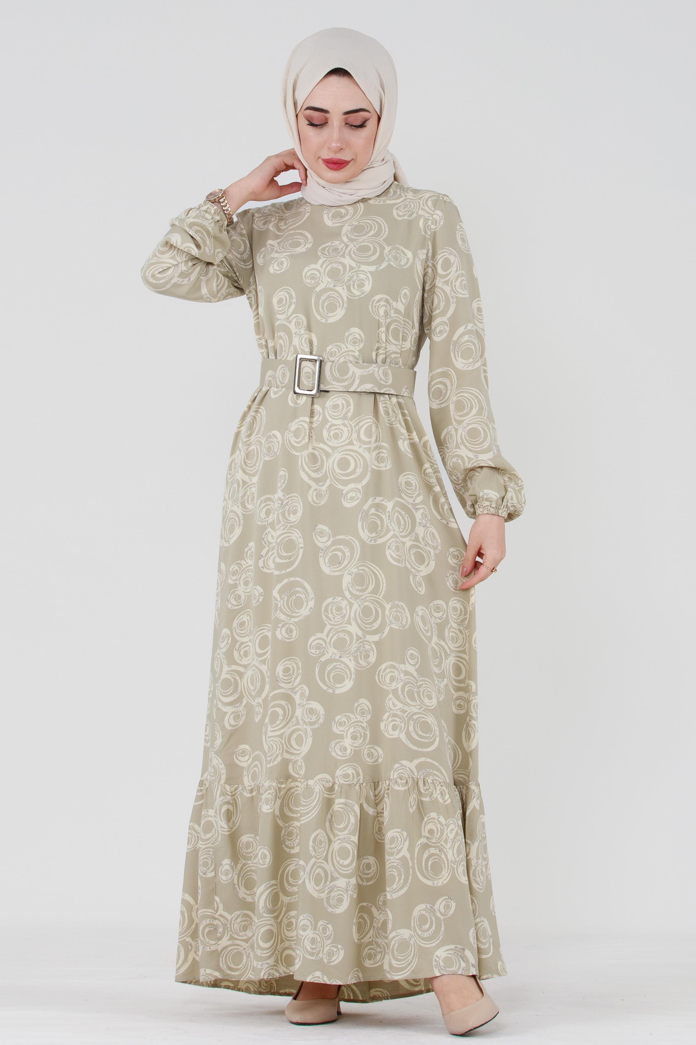 Coated Belted Viscose Hijab Dress - Beige