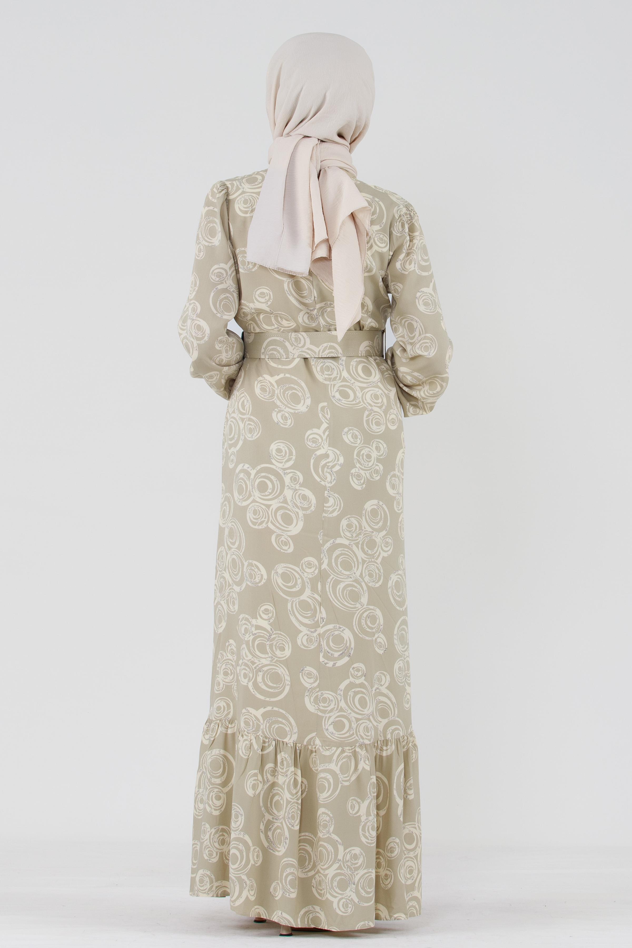 Coated Belted Viscose Hijab Dress - Beige