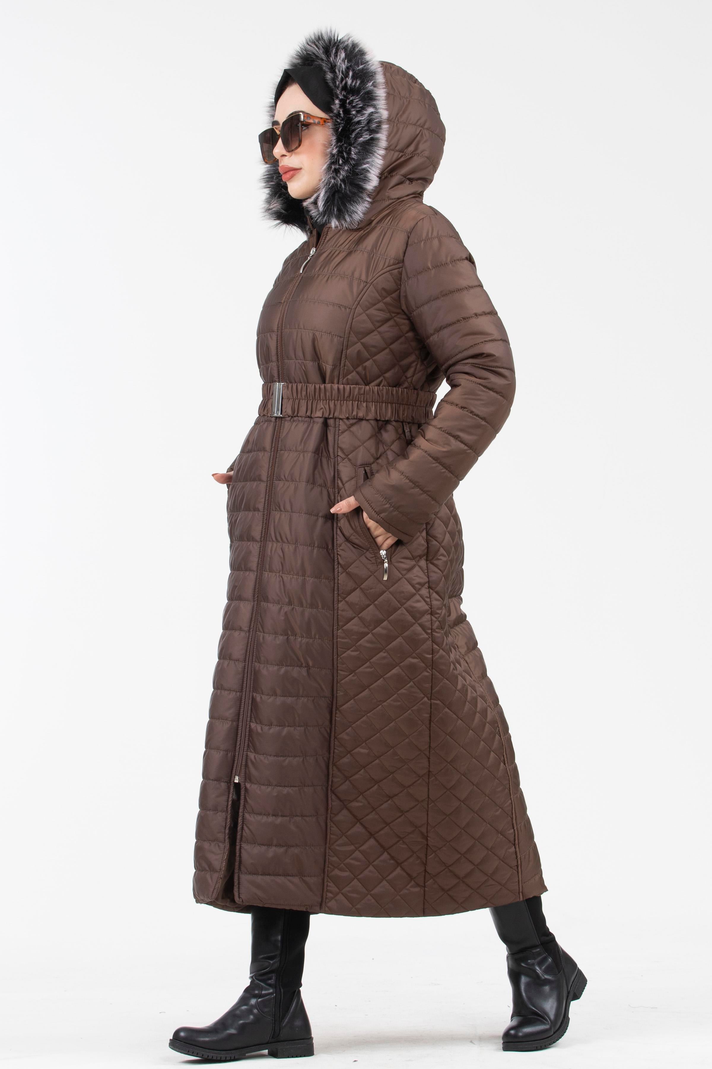 Long Capitone Coat with Fur Hood-Brown color