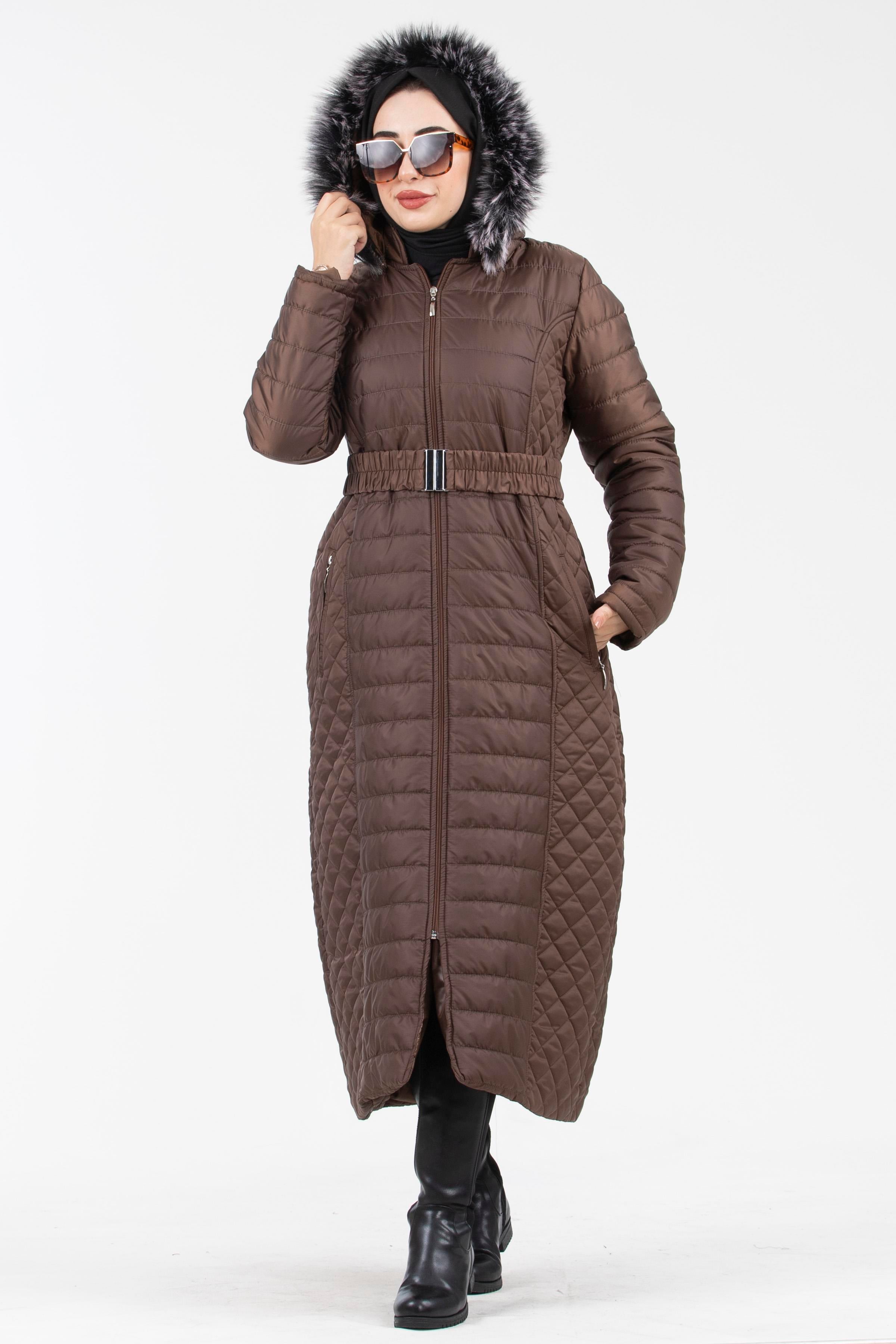 Long Capitone Coat with Fur Hood-Brown color