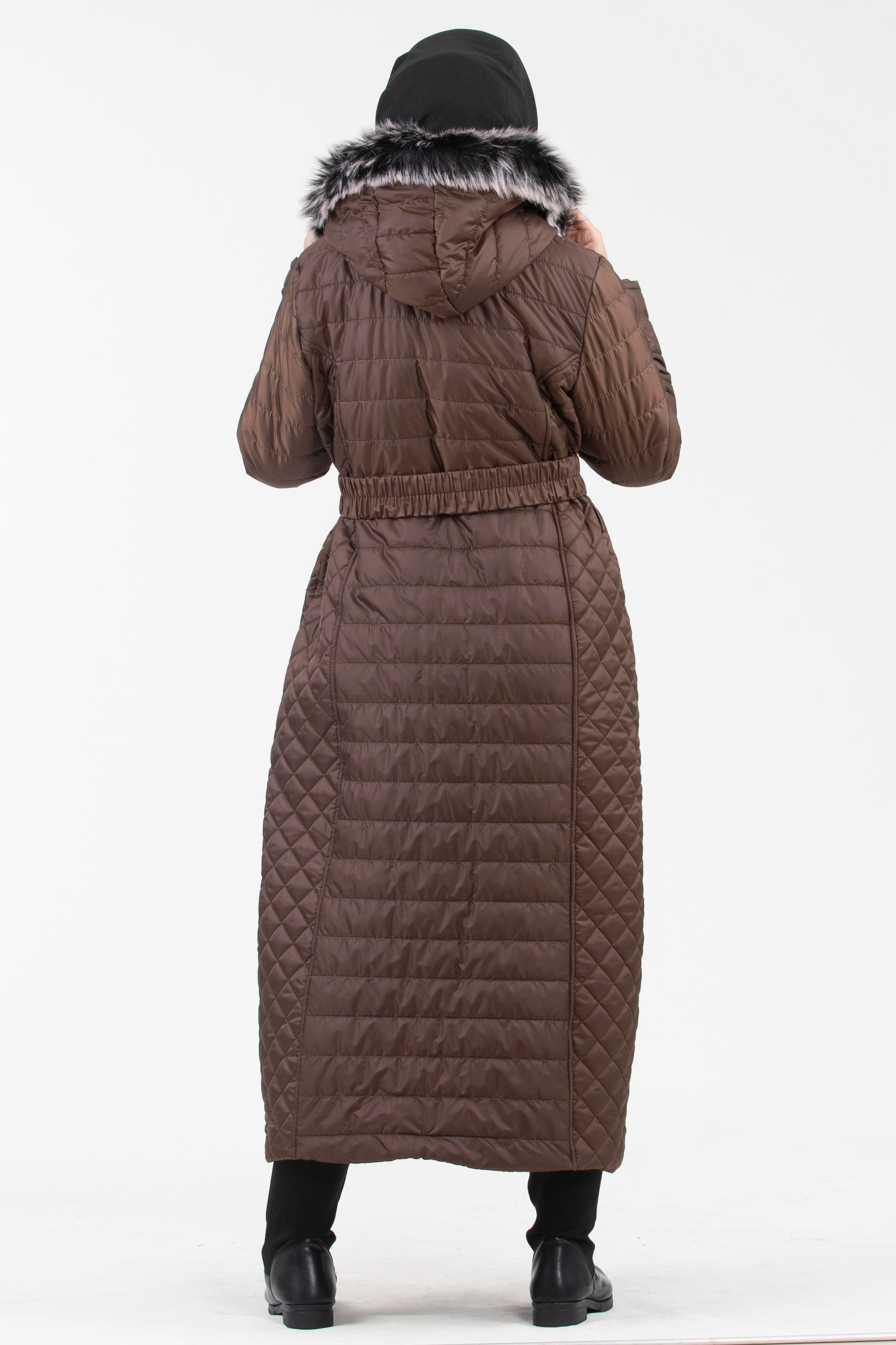 Long Capitone Coat with Fur Hood-Brown color