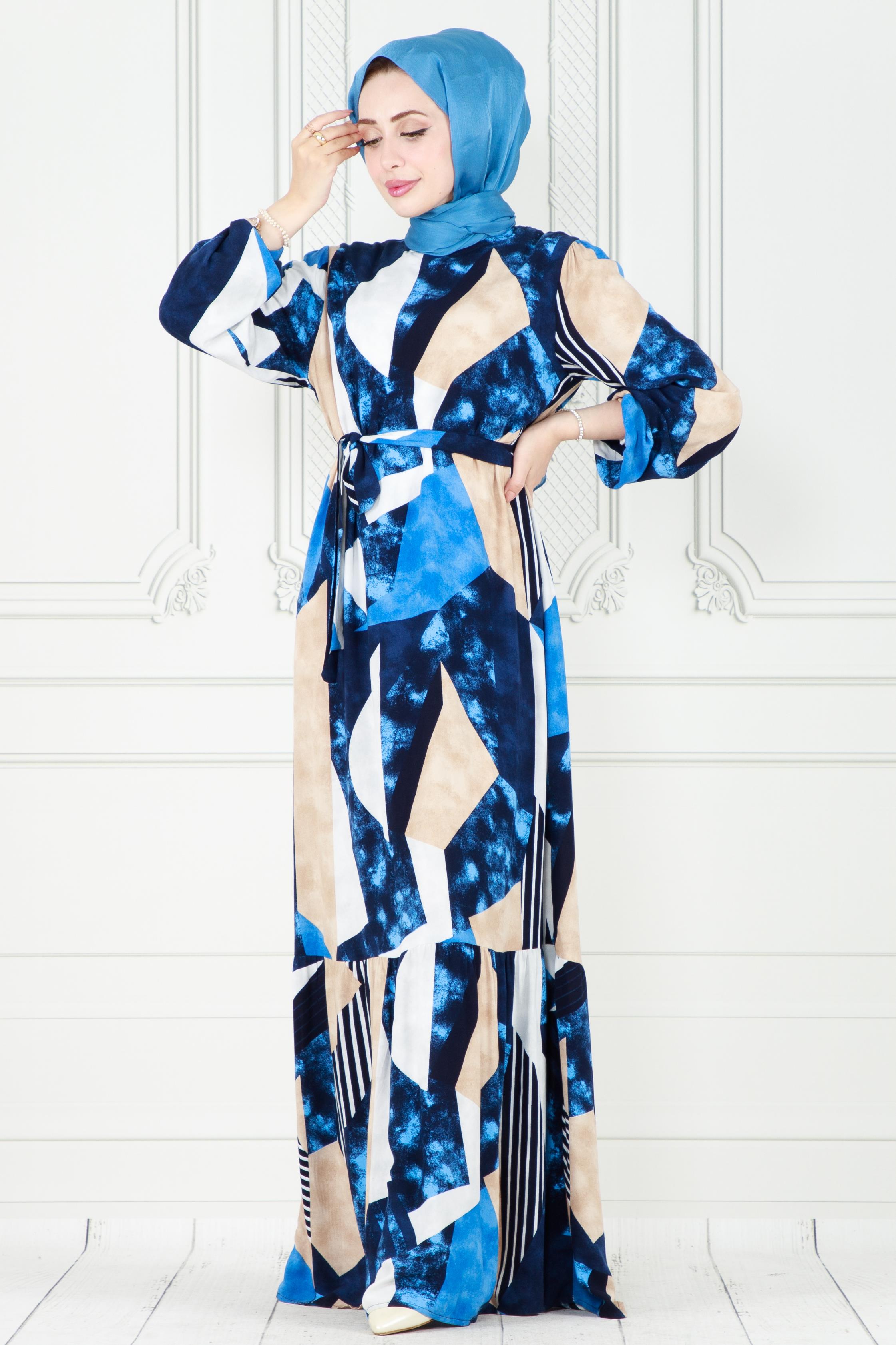 Viscose dress with belt - blue