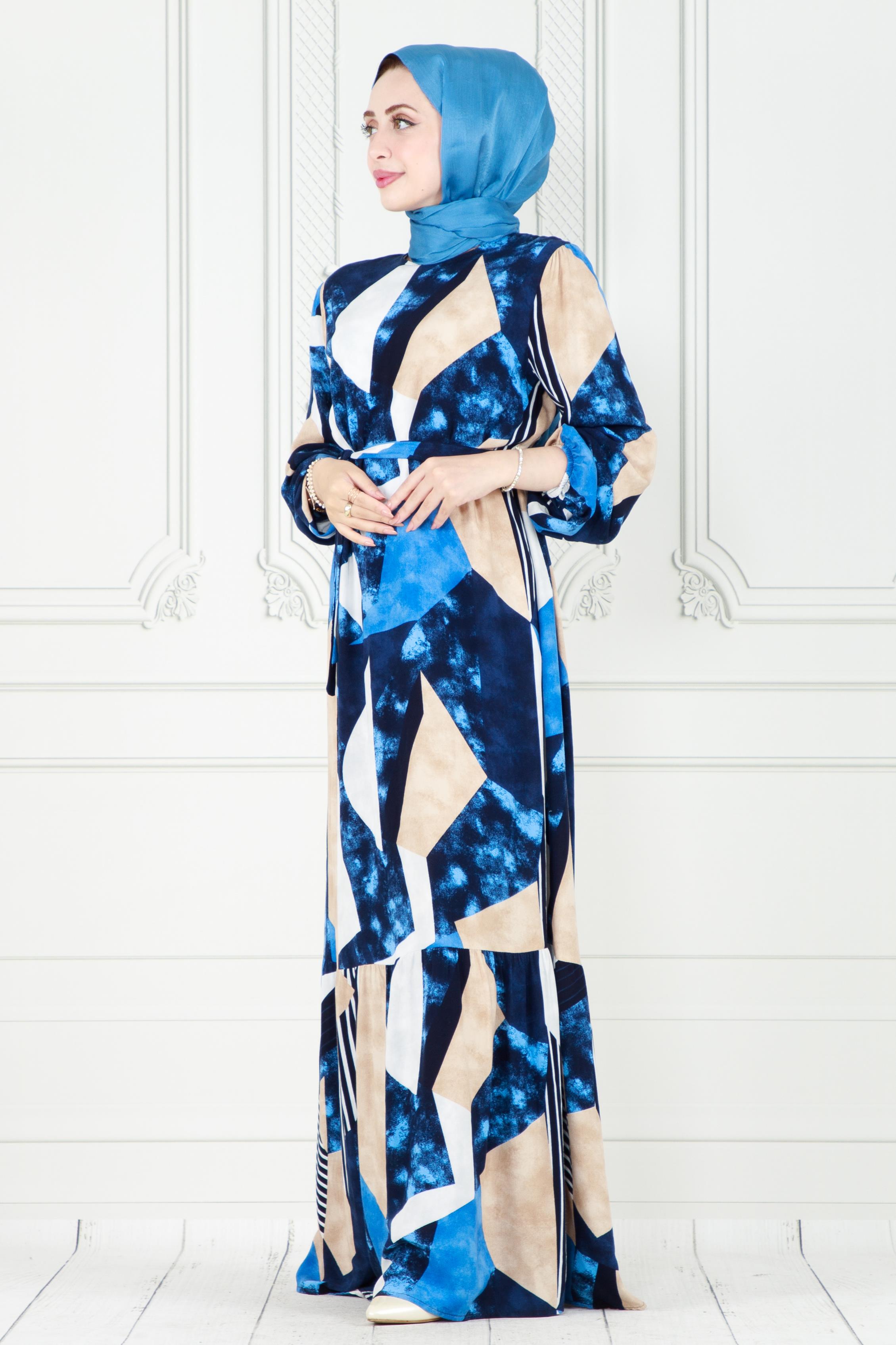Viscose dress with belt - blue