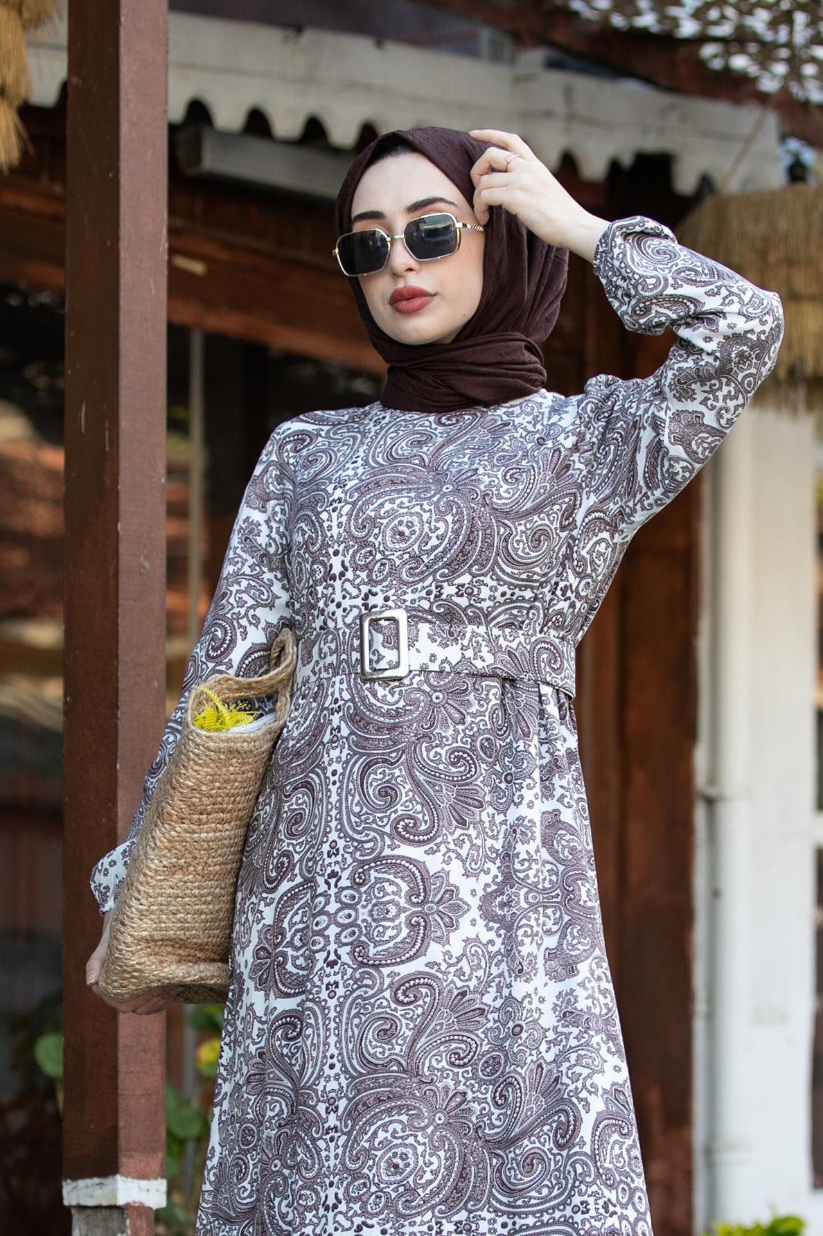 Mixed Pattern Coated Belted Viscose Dress - Brown