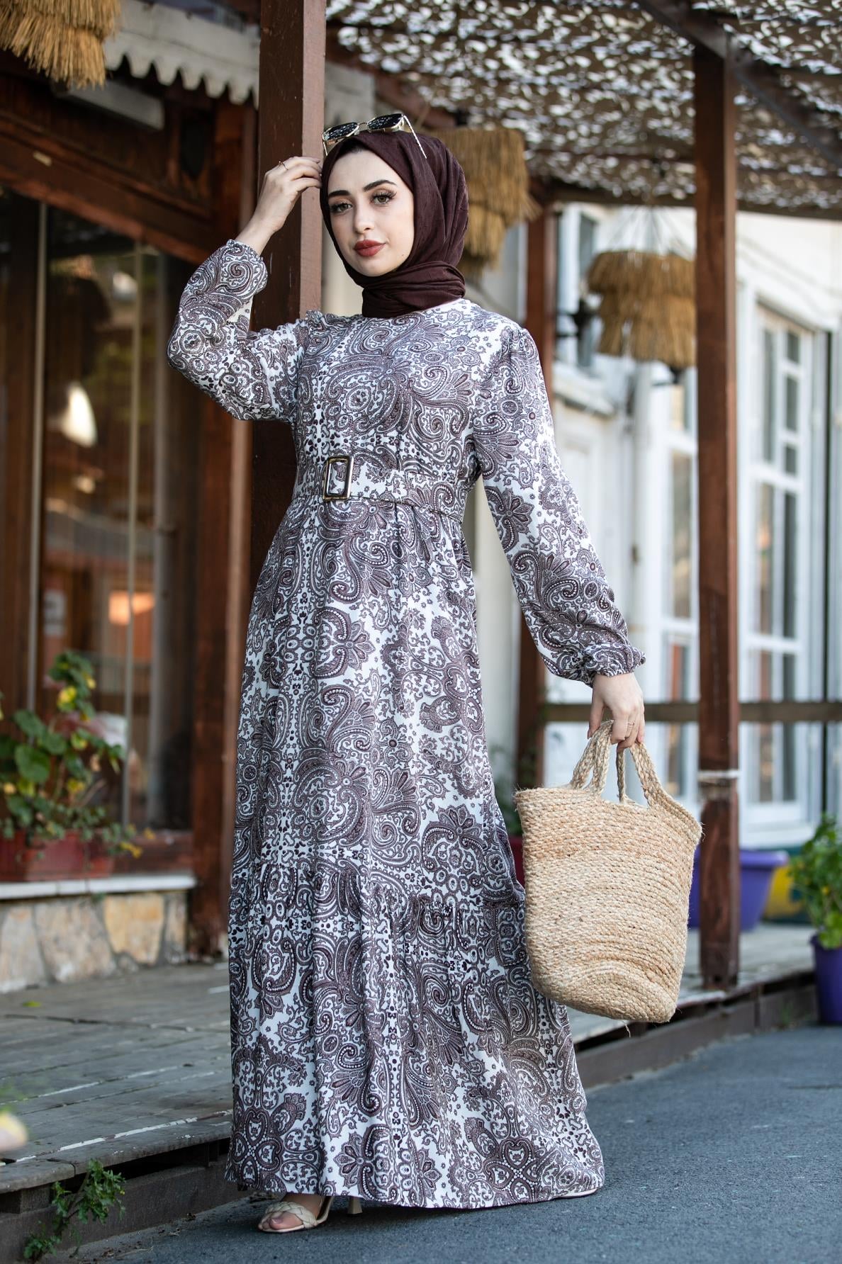 Mixed Pattern Coated Belted Viscose Dress - Brown