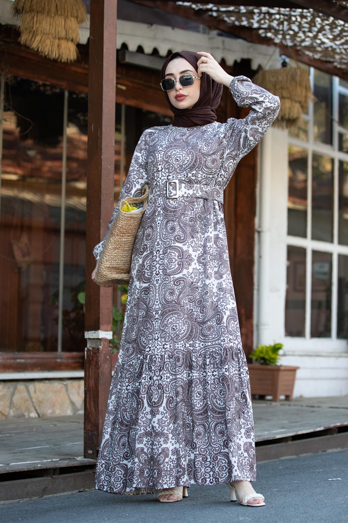 Mixed Pattern Coated Belted Viscose Dress - Brown