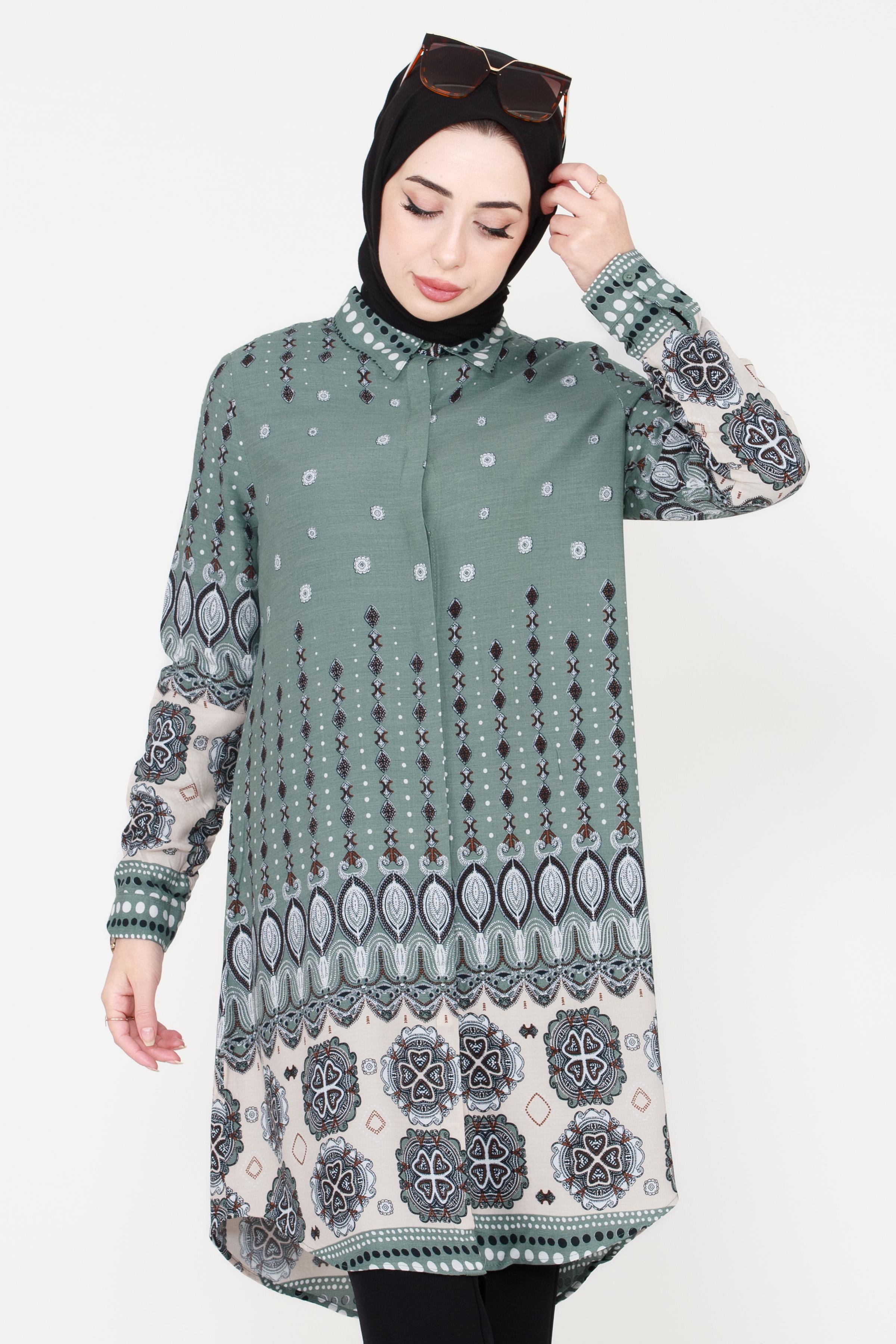 Karışık Desenli Viscon Tunik-Mint Yeşili