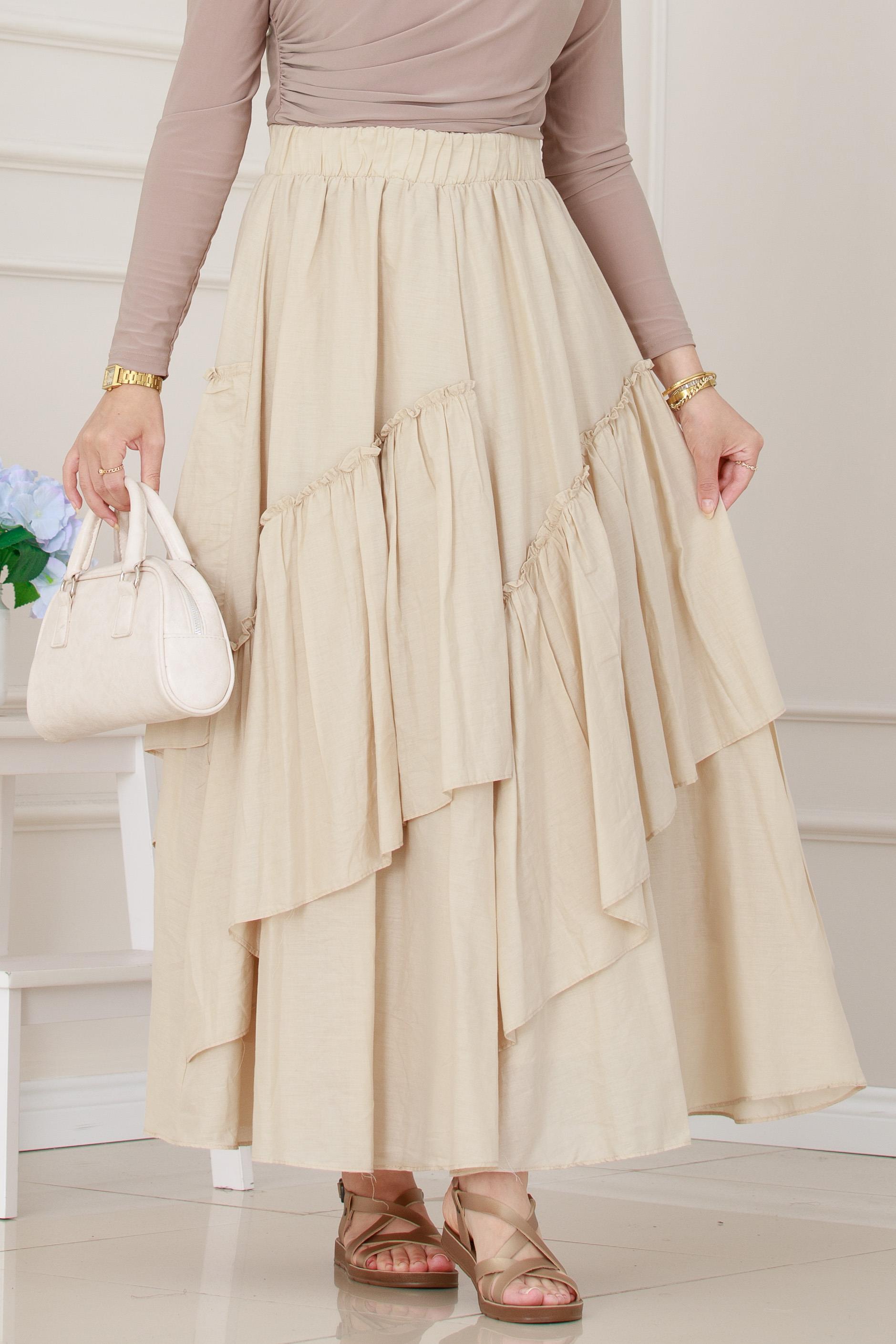 Katlı Botto Vual Etek-Bej