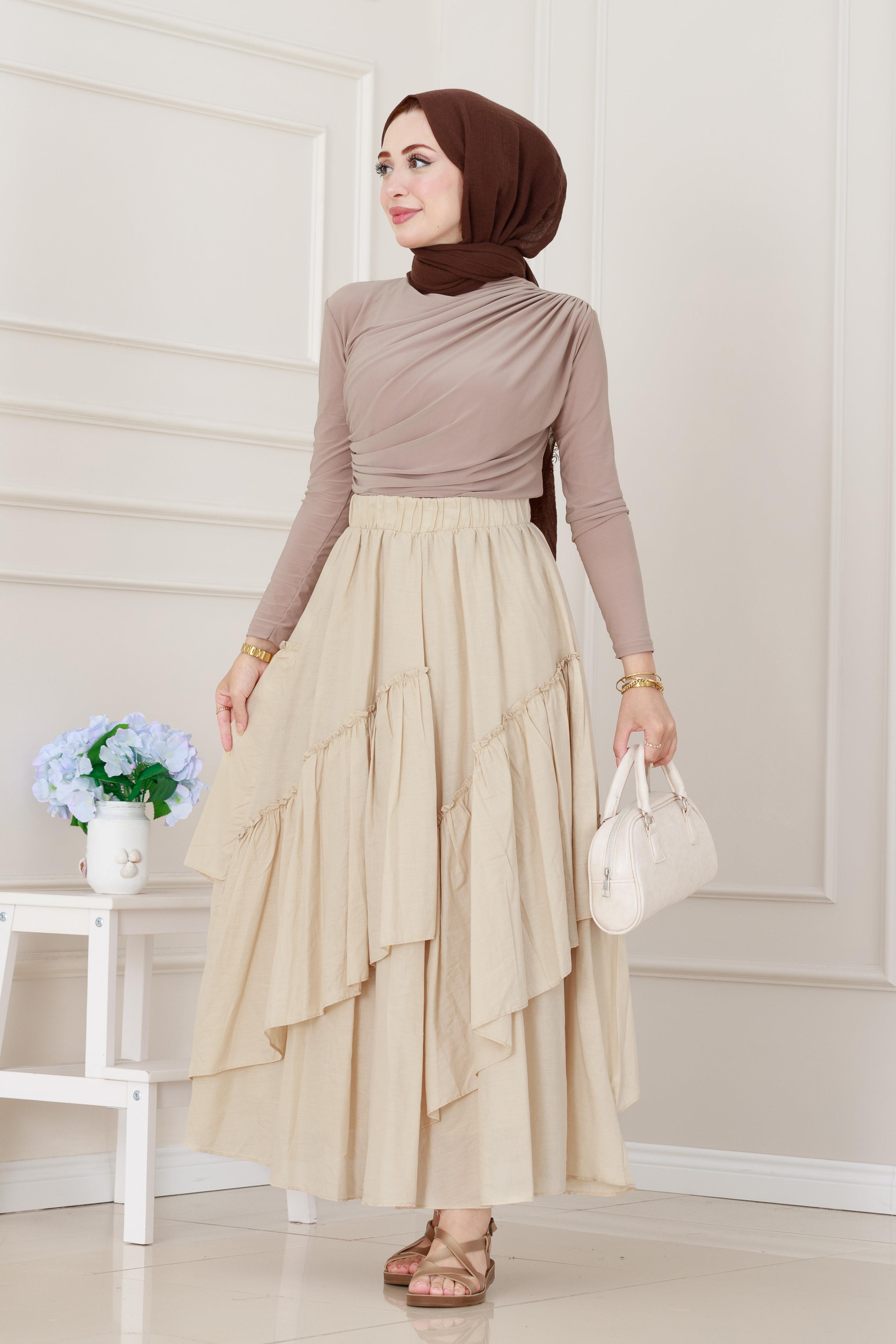 Katlı Botto Vual Etek-Bej