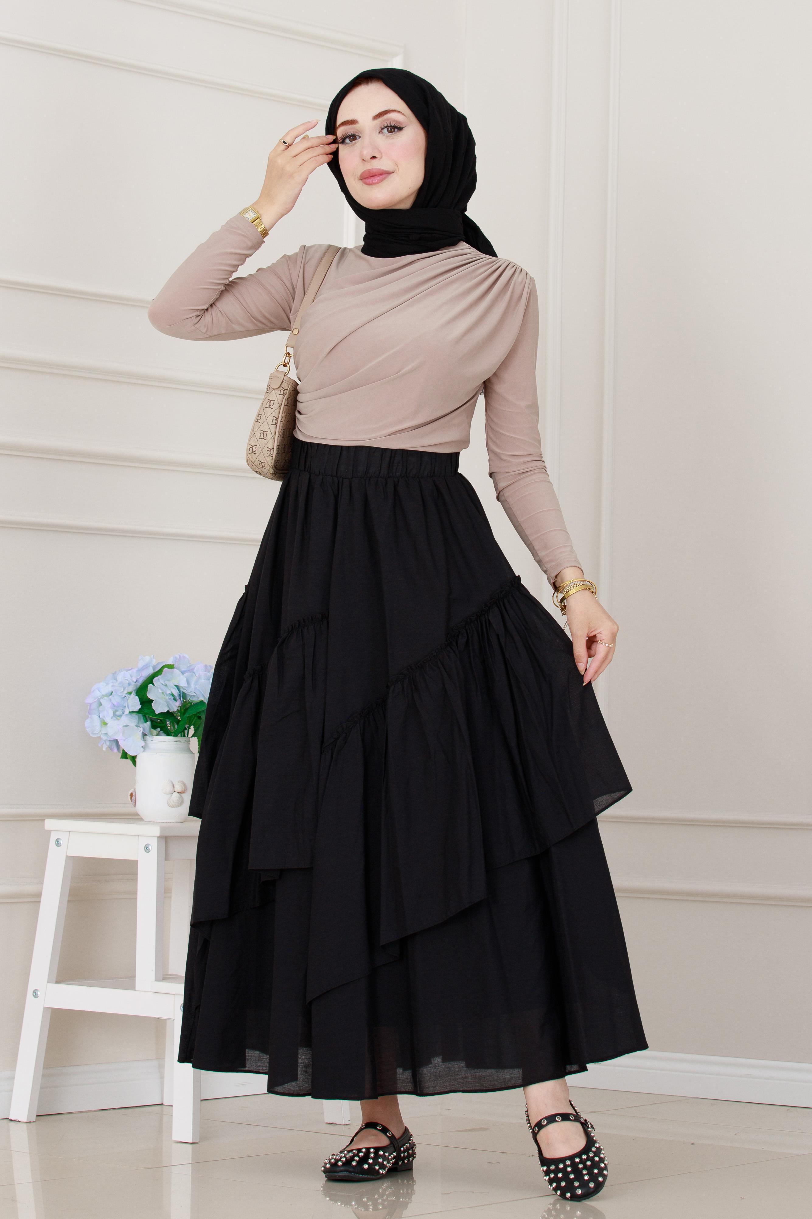 Katlı Botto Vual Etek-Siyah